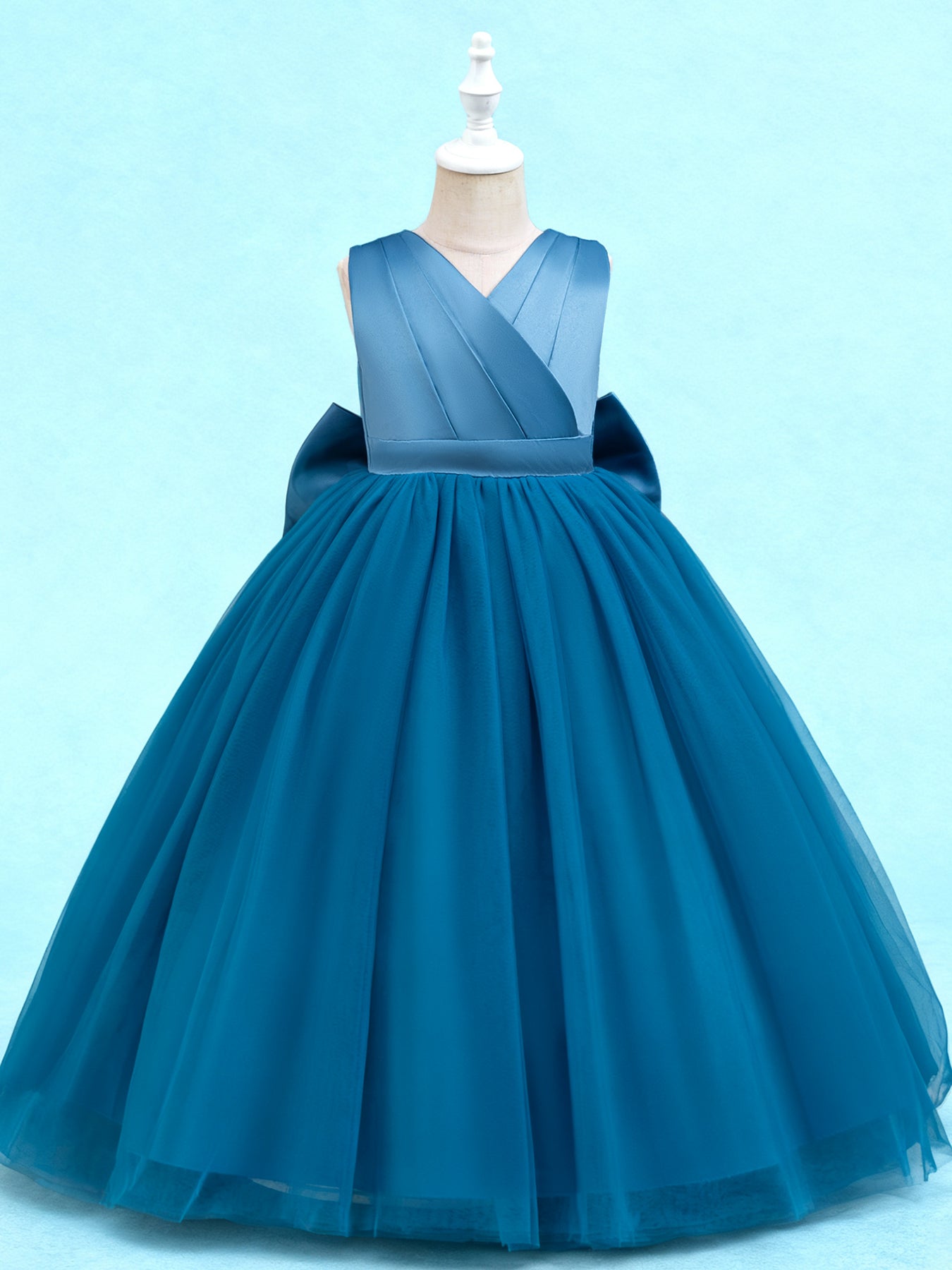 Zvzio Girls V-Neck V-Back Removable Bow Princess Dress | Double V Design Draping Tulle Long Dress Elegant Flower Girl Dress Set - Ages 4-9, Multiple Colors