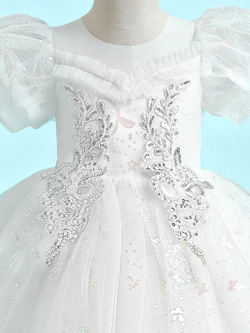 Zvzio Girls Princess Party Dress - Floral Embroidery Bodice, Sparkle Tulle Skirt & Puff Sleeves, Flower Girl/Pageant A-line Short Dress