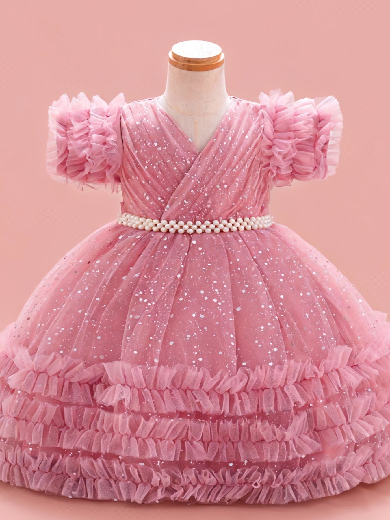 Zvzio Girls Y-Cross Ruffle Trim Train Princess Dress | Pearl Waist Chain Silver Dot Tulle Triple-Layer Ruffle Sleeves & Skirt Flower Girl Dress Party Set - Ages 3-8, Multiple Colors