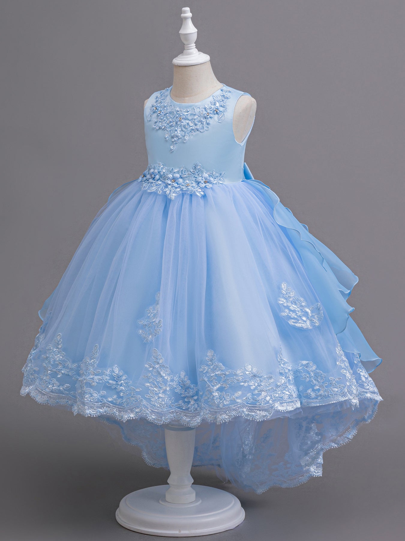 Zvzio Girls Embroidered Pearl Train Princess Dress | Neckline & Waist Exquisite Embroidery Wave Side Hem Back Three-Tier Cake Skirt Asymmetric Hem Flower Girl Dress - Ages 4-9, Multiple Colors