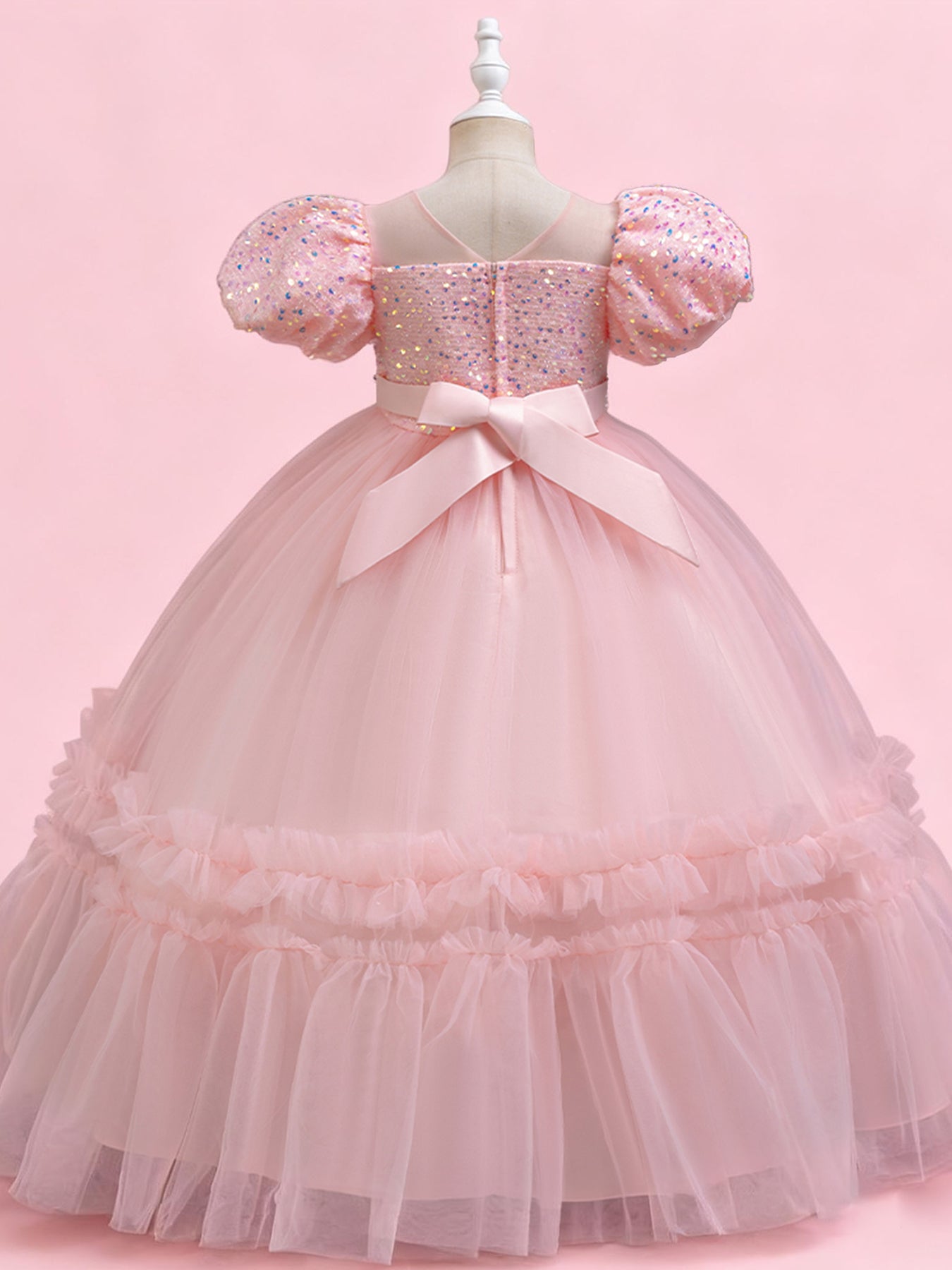 Zvzio Girls Sequin Puff Sleeve Princess Dress | Reflective Sequin Top Royal Puff Sleeves Pearl Waist Belt Ruffle Hem Knee-Length Flower Girl Dress - Ages 4-9, Multiple Colors
