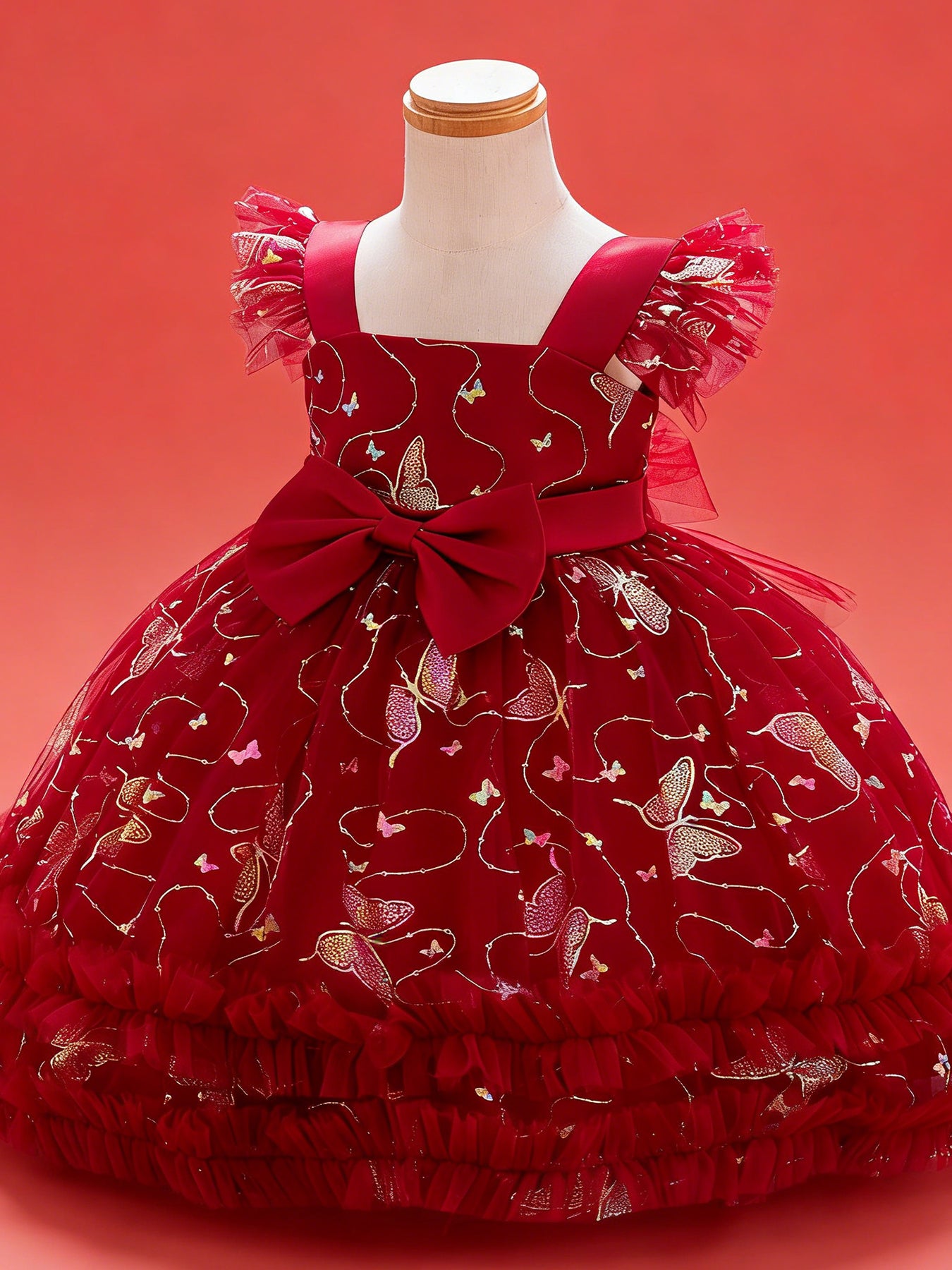 Zvzio Girls Gilded Butterfly Flutter Sleeve Princess Dress | Reflective Butterfly Tulle Midsection Large Bow Double-Layer Ruffle Hem Knee-Length A-Line Flower Girl Dress - Ages 2-7, Multiple Colors