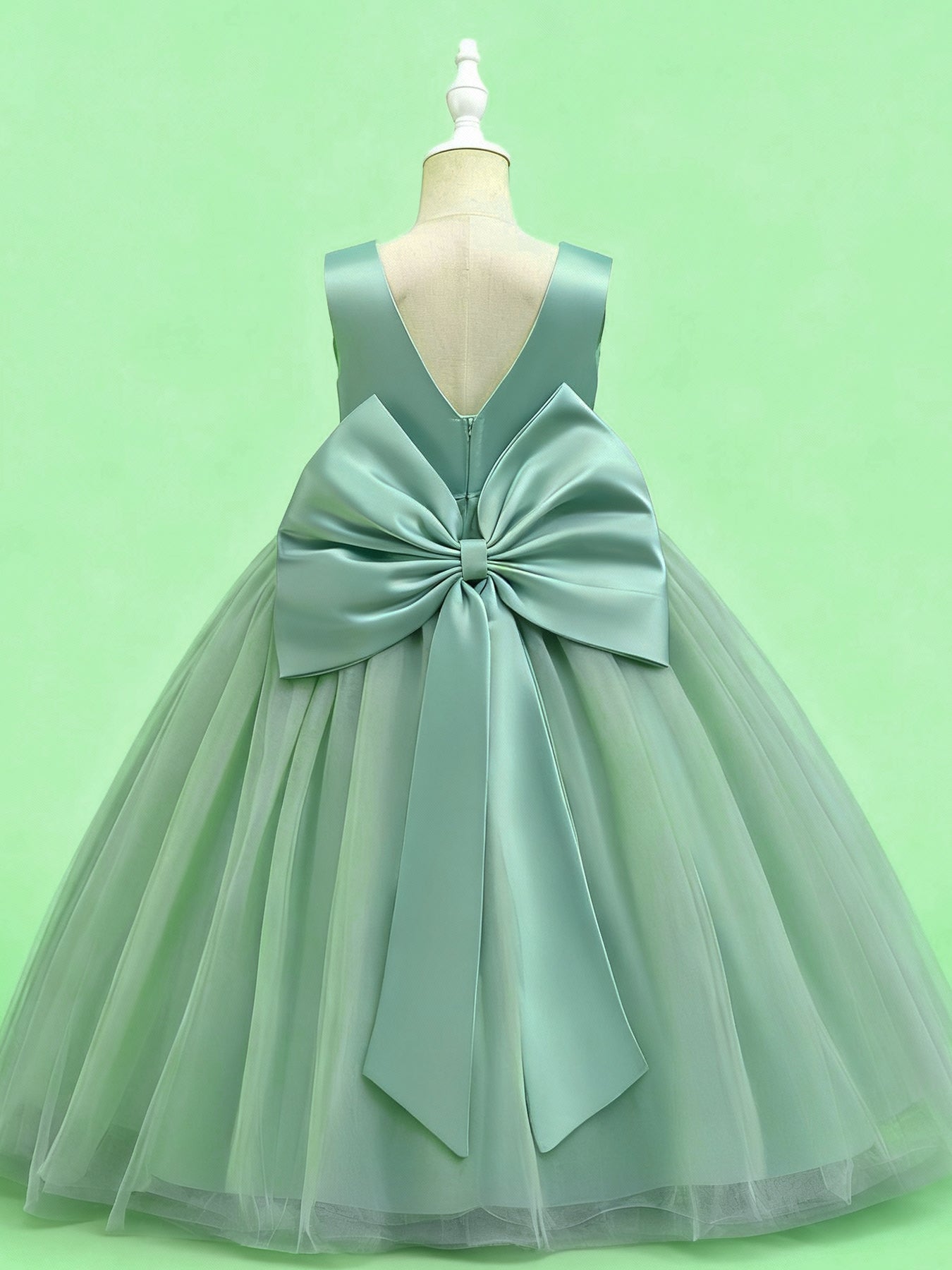 Zvzio Girls V-Neck V-Back Removable Bow Princess Dress | Double V Design Draping Tulle Long Dress Elegant Flower Girl Dress Set - Ages 4-9, Multiple Colors