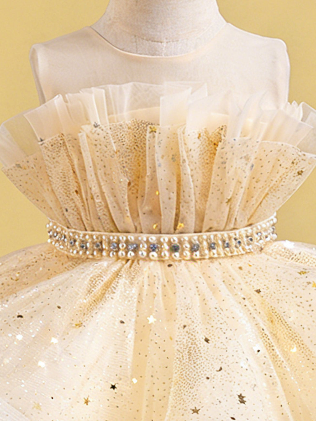 Zvzio Girls Asymmetric Train Princess Dress | Gold Star Tulle Shell Neckline Bustier Waist Diamond Chain Double-Layer Skirt Flower Girl Dress Set - Ages 4-9