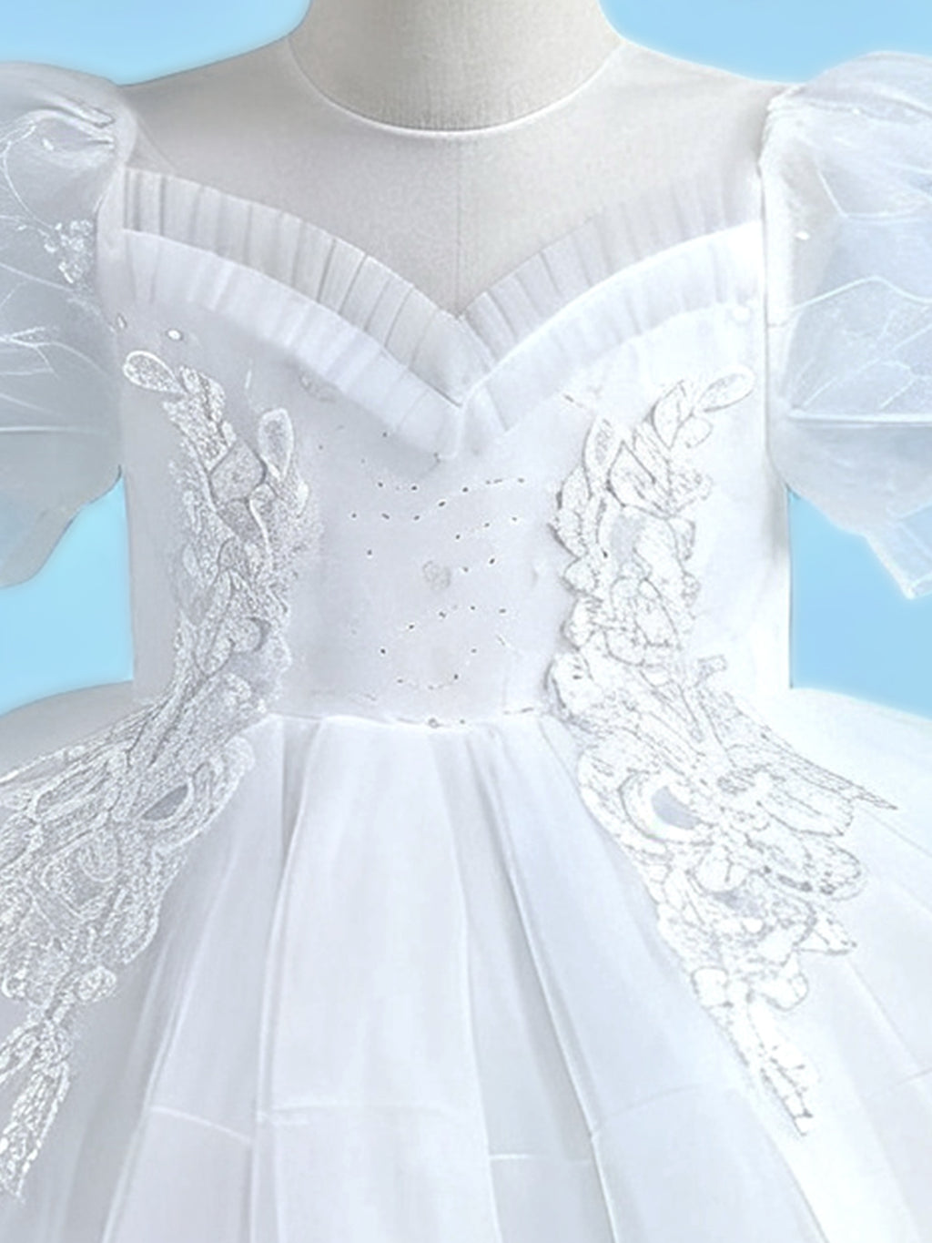 Zvzio Girls Princess Party Dress & Flower Girl Dress - Floral Embroidery Chest, Sparkle Tulle Skirt, Bubble Sleeves, Double Ruffle Hem, Champagne Pink White, Short Sleeve A-Line for Age 4-9