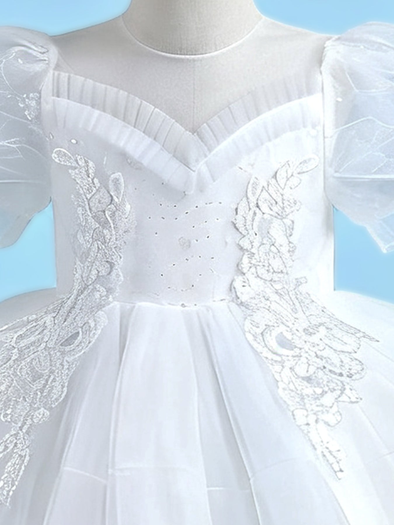 Zvzio Girls Princess Party Dress & Flower Girl Dress - Floral Embroidery Chest, Sparkle Tulle Skirt, Bubble Sleeves, Double Ruffle Hem, Champagne Pink White, Short Sleeve A-Line for Age 4-9