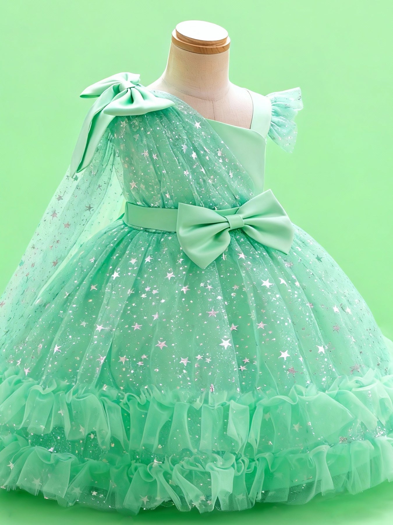 Zvzio Girls Asymmetric Cape & Flutter Sleeve Princess Dress | Left Shoulder Cape with Bow Right Flutter Sleeve Star Print Tulle Double-Layer Ruffle Hem Flower Girl Dress Party Gown - Ages 2-7, Multiple Colors