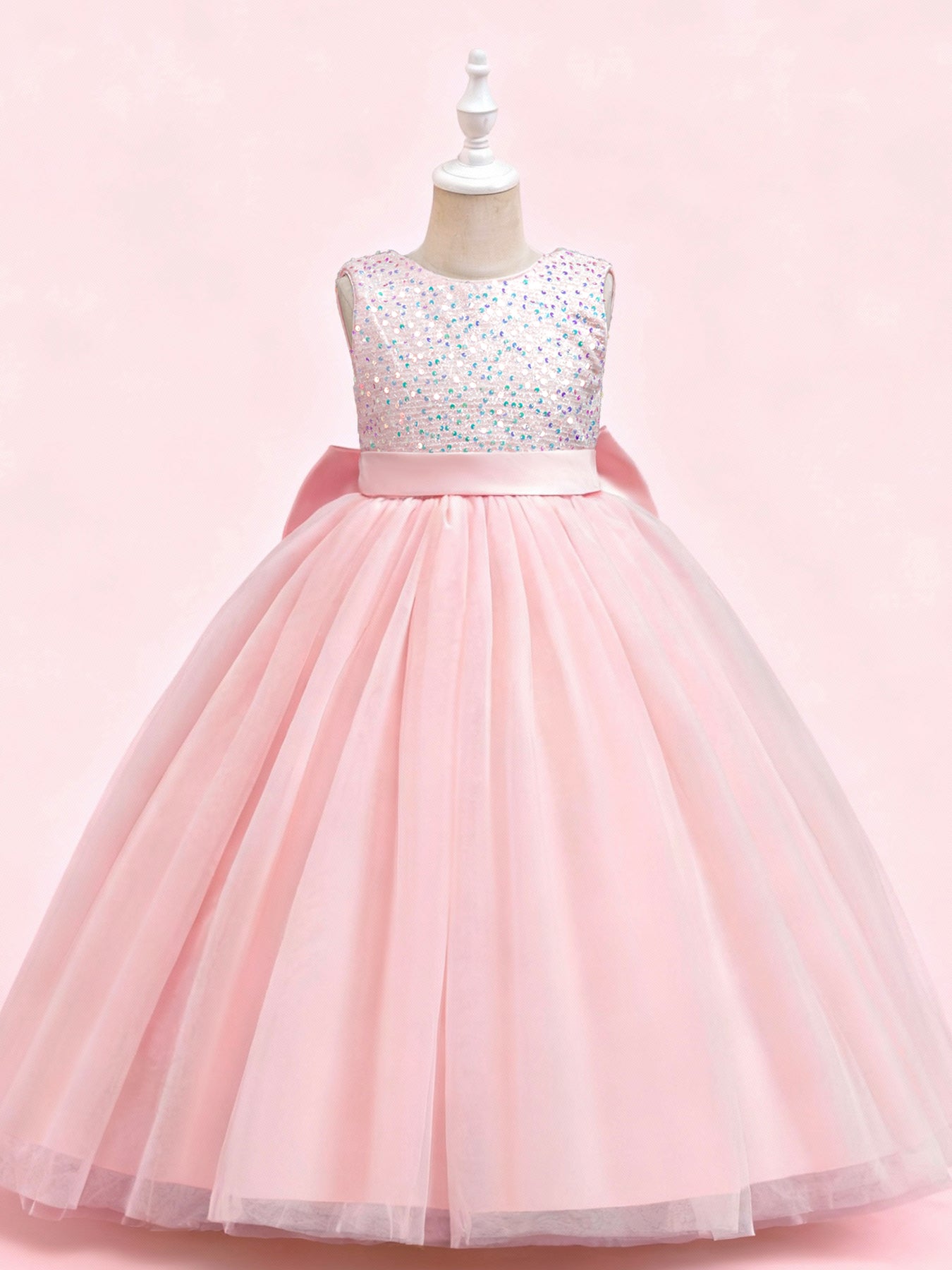 Zvzio Girls V-Back Removable Bow Princess Dress | Sparkling Sequin Bodice Draping Tulle Long Dress Flower Girl Dress Party Gown - Ages 4-9, Multiple Colors
