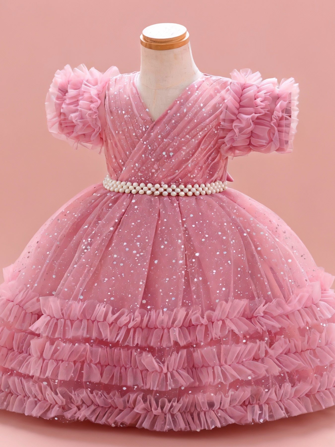 Zvzio Girls Y-Cross Ruffle Trim Train Princess Dress | Pearl Waist Chain Silver Dot Tulle Triple-Layer Ruffle Sleeves & Skirt Flower Girl Dress Party Set - Ages 3-8, Multiple Colors