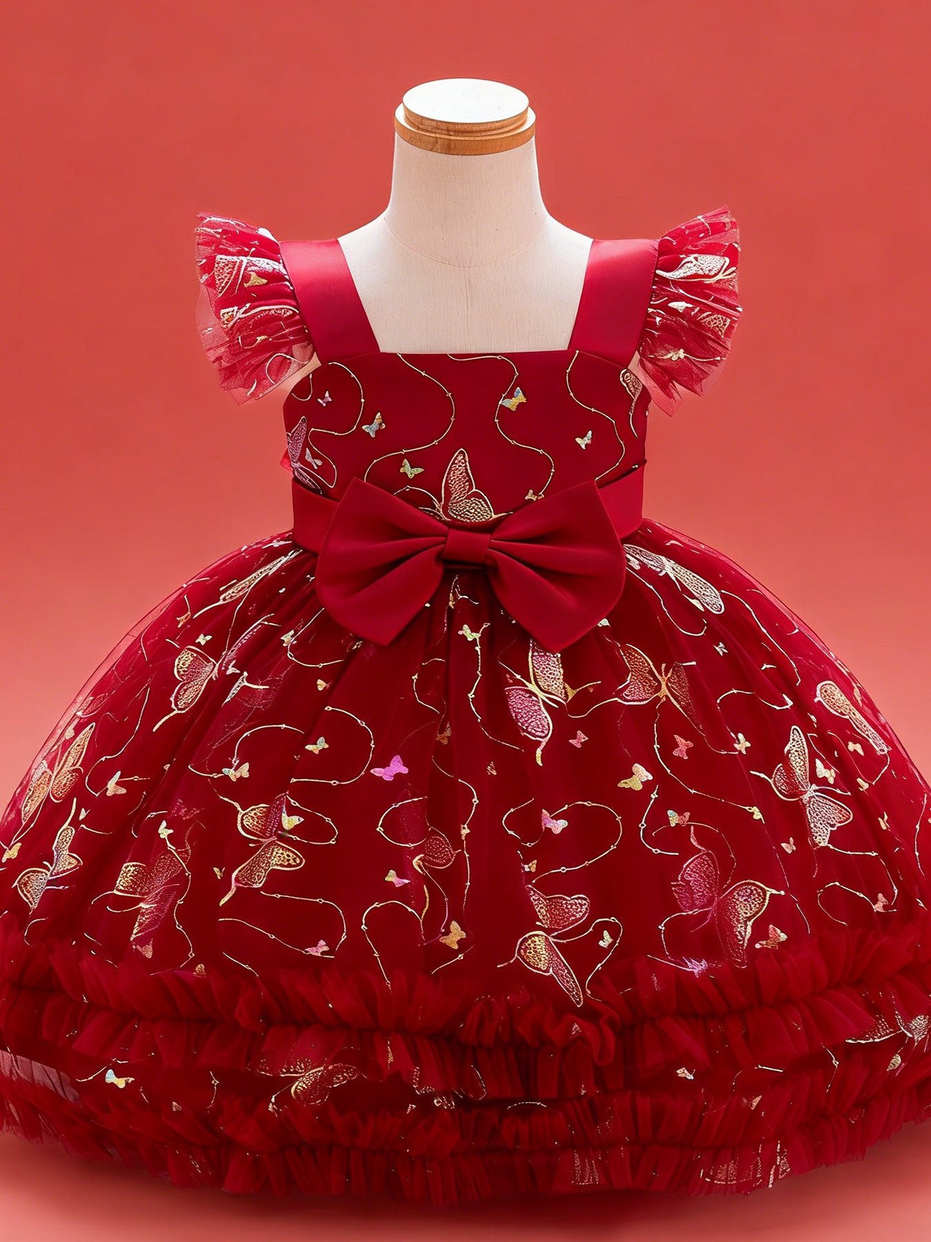 Zvzio Girls Gilded Butterfly Flutter Sleeve Princess Dress | Reflective Butterfly Tulle Midsection Large Bow Double-Layer Ruffle Hem Knee-Length A-Line Flower Girl Dress - Ages 2-7, Multiple Colors