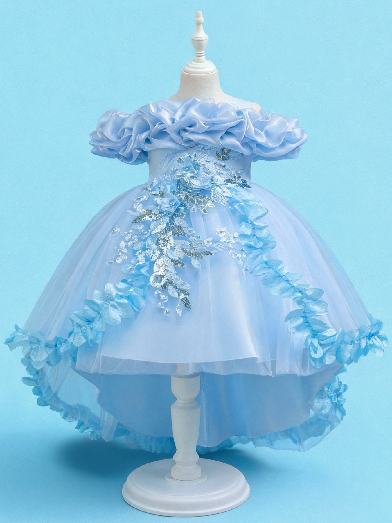 Zvzio Girls Cloud Collar Embroidered Train Princess Dress | Front Yoke Cloud Design 3D Floral Pearl Embroidery Wrap-Around Leaf Lace Long Train Flower Girl Dress - Ages 4-9, Multiple Colors