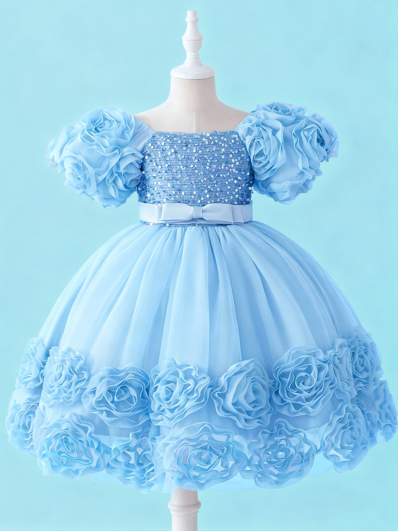 Zvzio Girls 3D Floral Embroidered Princess Dress | Short Sleeve Sequin Sparkle A-Line Dress Multi-Layer Tulle Flower Girl Party Dress - Soft Draping, Ages 2-7, Multiple Colors