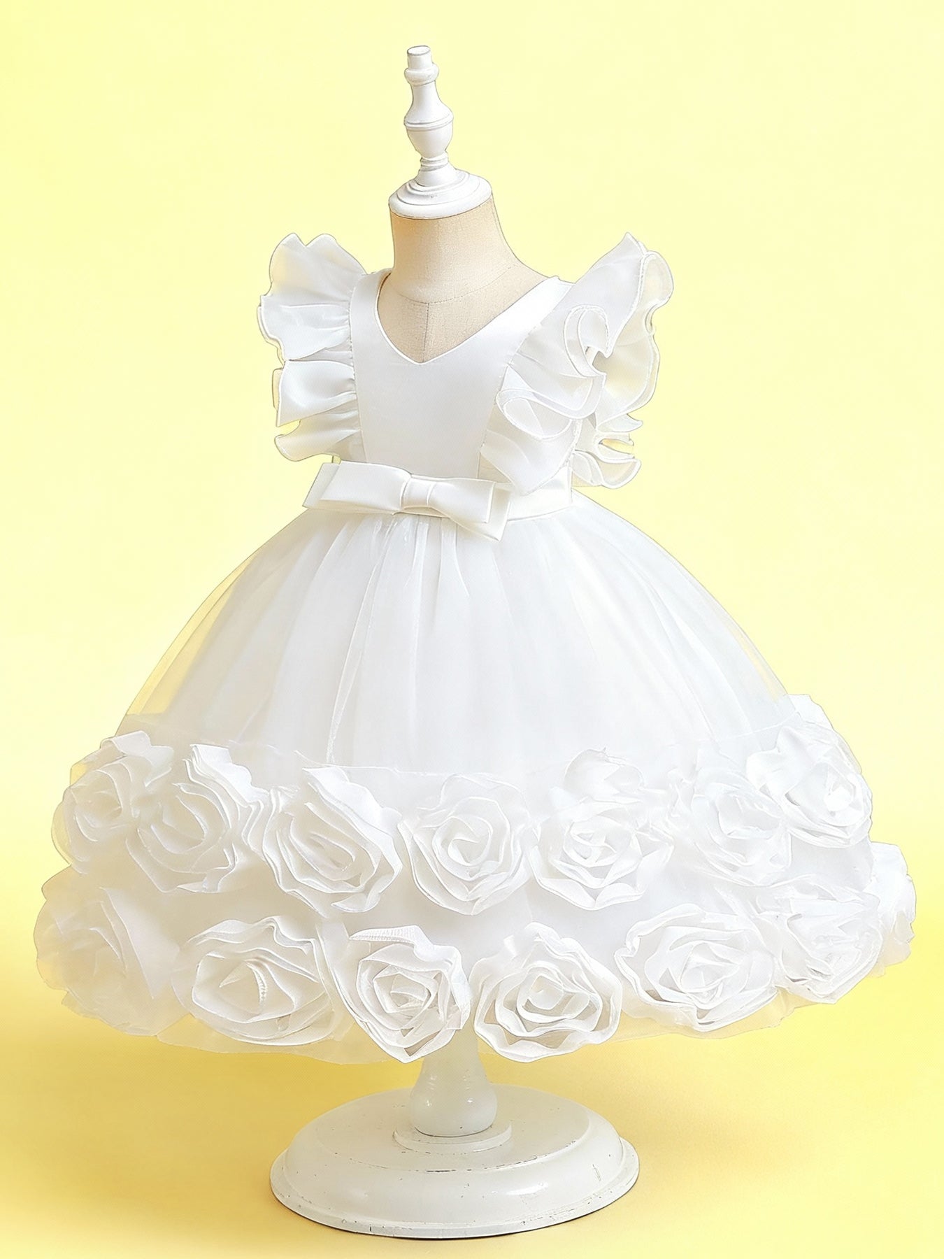 Zvzio Girls Floral Bud Embroidered Princess Dress | V-Shape Ruffle Sleeves Waist Bow Triple-Layer Tulle Flower Girl Party Dress - Ages 2-7, Multiple Colors