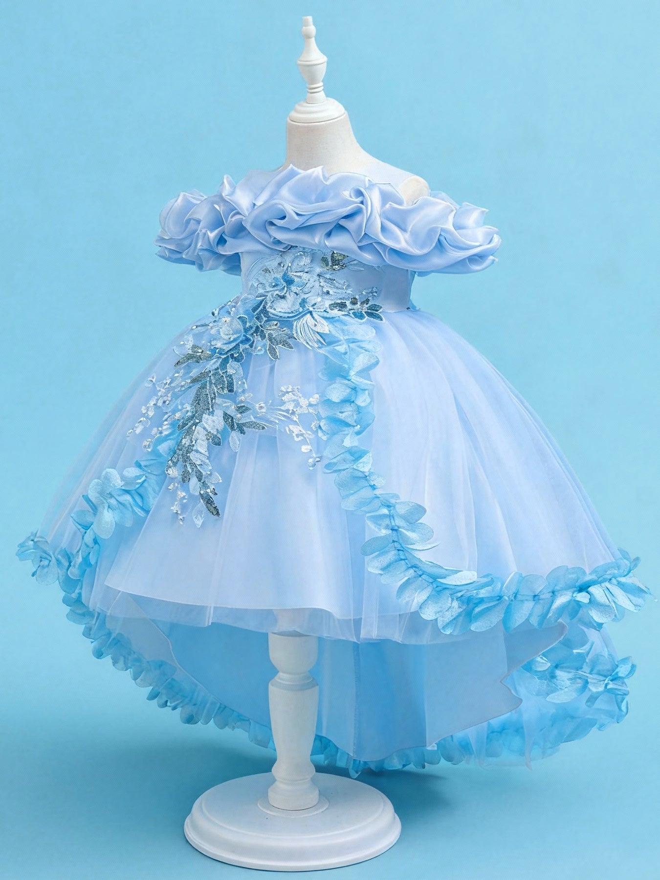 Zvzio Girls Cloud Collar Embroidered Train Princess Dress | Front Yoke Cloud Design 3D Floral Pearl Embroidery Wrap-Around Leaf Lace Long Train Flower Girl Dress - Ages 4-9, Multiple Colors