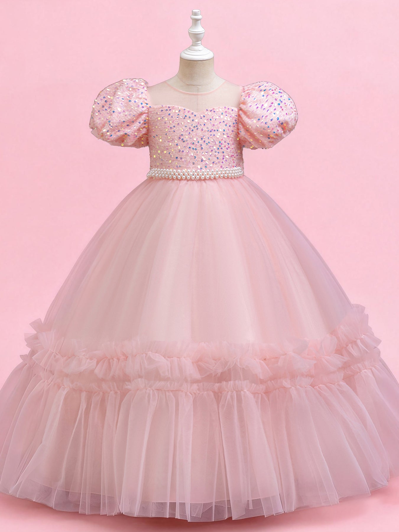 Zvzio Girls Sequin Puff Sleeve Princess Dress | Reflective Sequin Top Royal Puff Sleeves Pearl Waist Belt Ruffle Hem Knee-Length Flower Girl Dress - Ages 4-9, Multiple Colors