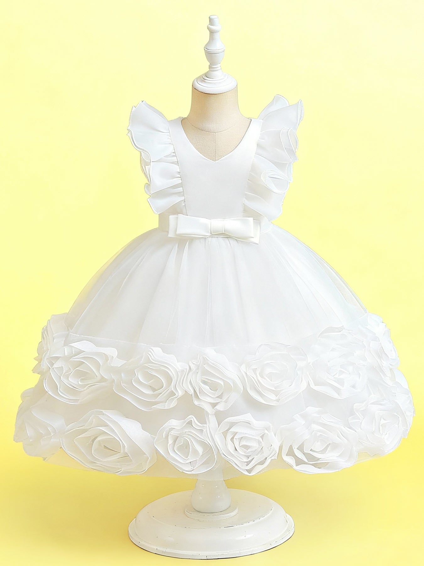 Zvzio Girls Floral Bud Embroidered Princess Dress | V-Shape Ruffle Sleeves Waist Bow Triple-Layer Tulle Flower Girl Party Dress - Ages 2-7, Multiple Colors