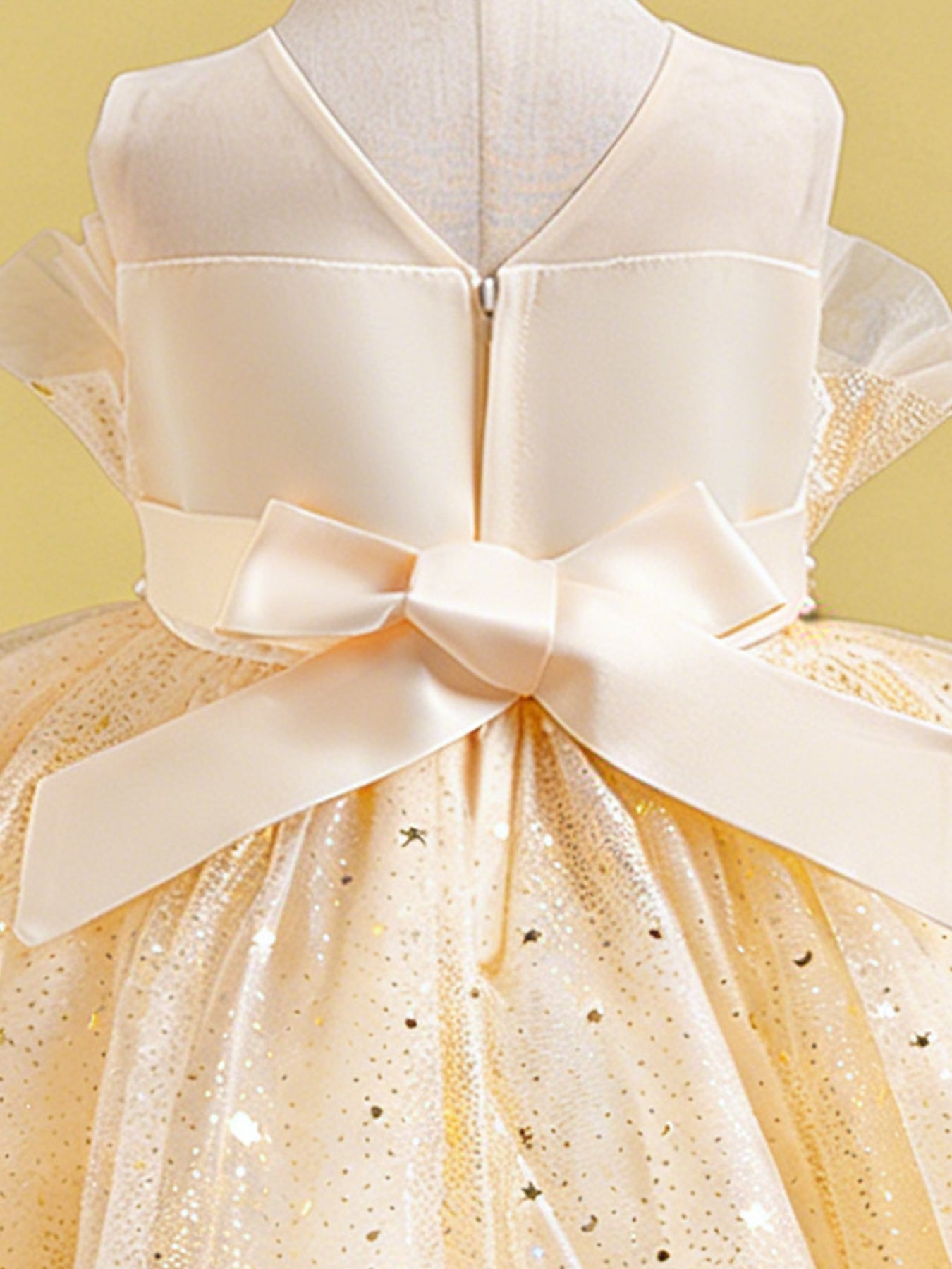 Zvzio Girls Asymmetric Train Princess Dress | Gold Star Tulle Shell Neckline Bustier Waist Diamond Chain Double-Layer Skirt Flower Girl Dress Set - Ages 4-9