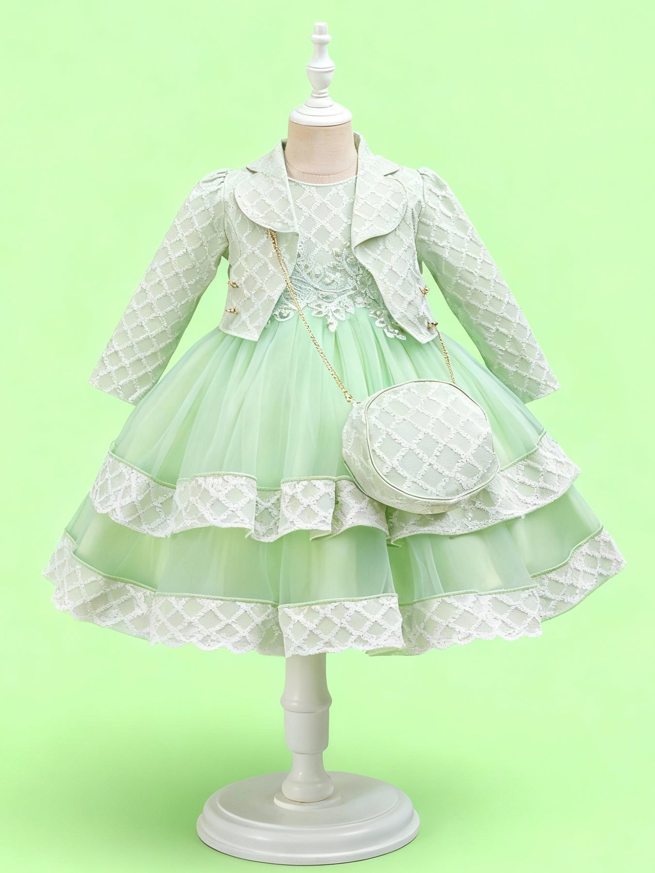 Zvzio Girls Embroidered Pearl Vest Dress Set | With Matching Handbag Double-Layer Skirt Textured Fabric Long Sleeve Coat Flower Girl Dress Party Set - Ages 4-9, Multiple Colors