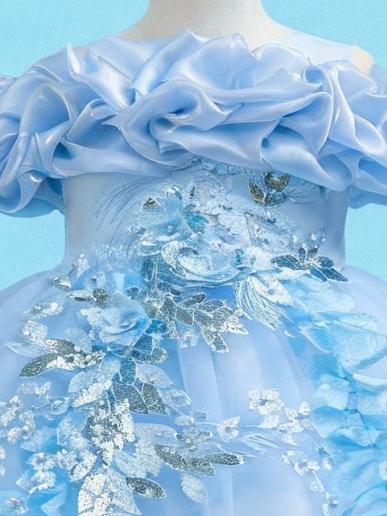 Zvzio Girls Cloud Collar Embroidered Train Princess Dress | Front Yoke Cloud Design 3D Floral Pearl Embroidery Wrap-Around Leaf Lace Long Train Flower Girl Dress - Ages 4-9, Multiple Colors