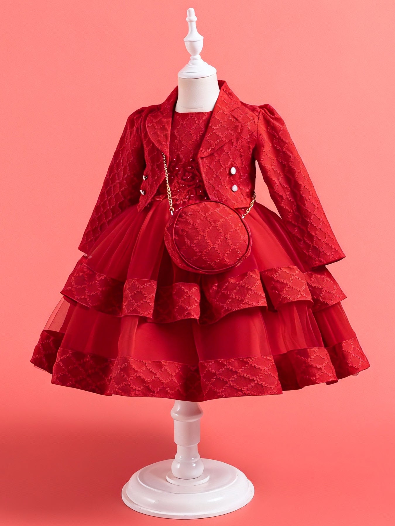 Zvzio Girls Embroidered Pearl Vest Dress Set | With Matching Handbag Double-Layer Skirt Textured Fabric Long Sleeve Coat Flower Girl Dress Party Set - Ages 4-9, Multiple Colors