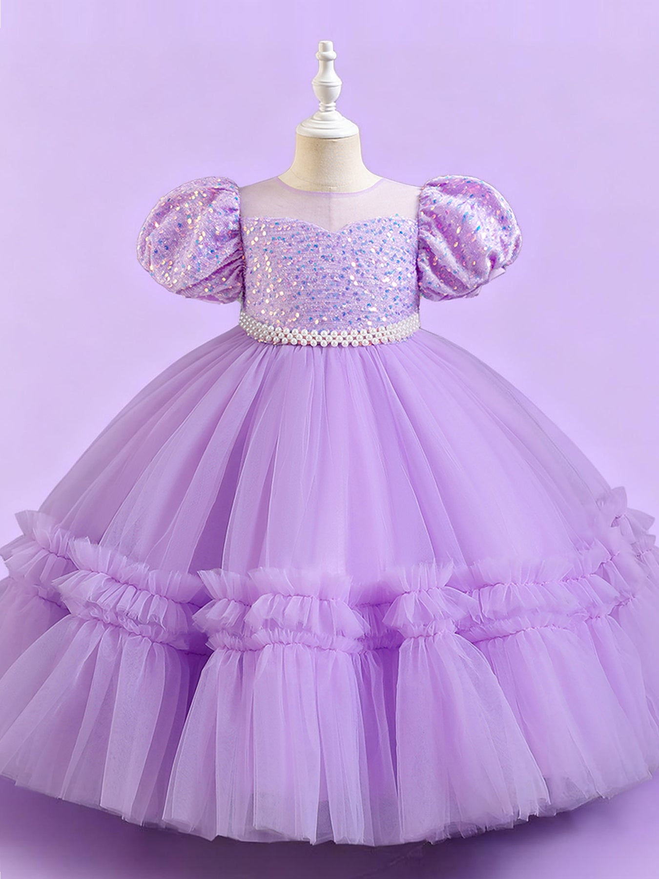 Zvzio Girls Sequin Puff Sleeve Princess Dress | Reflective Sequin Top Royal Puff Sleeves Pearl Waist Belt Ruffle Hem Knee-Length Flower Girl Dress - Ages 4-9, Multiple Colors