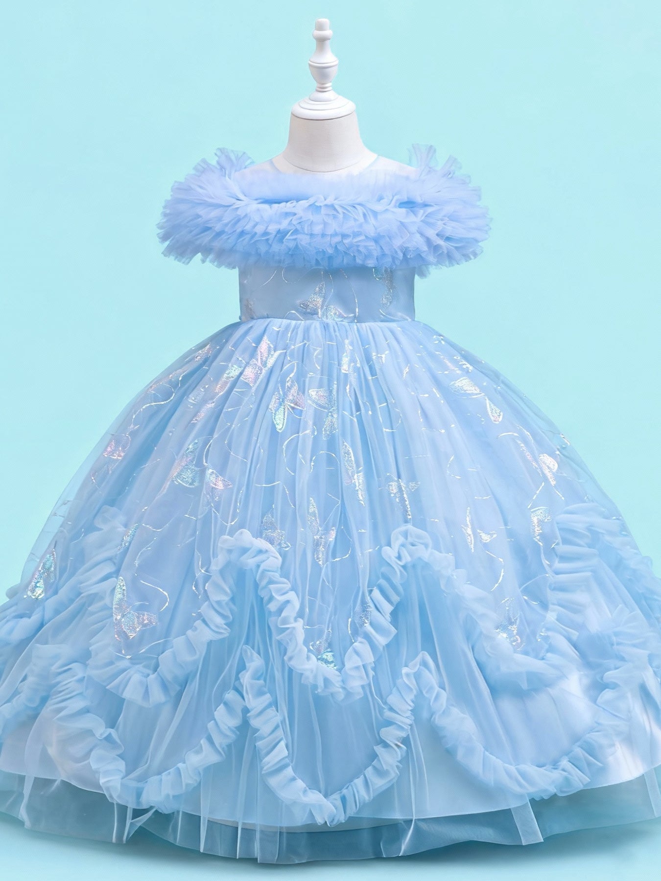 Zvzio Girls Gilded Butterfly Tulle Princess Dress | Reflective Butterfly Fabric Multi-Layer Cross Ruffle Collar 3D W-Shaped Hem Mid-Length Flower Girl Dress Set - Ages 4-9, Multiple Colors