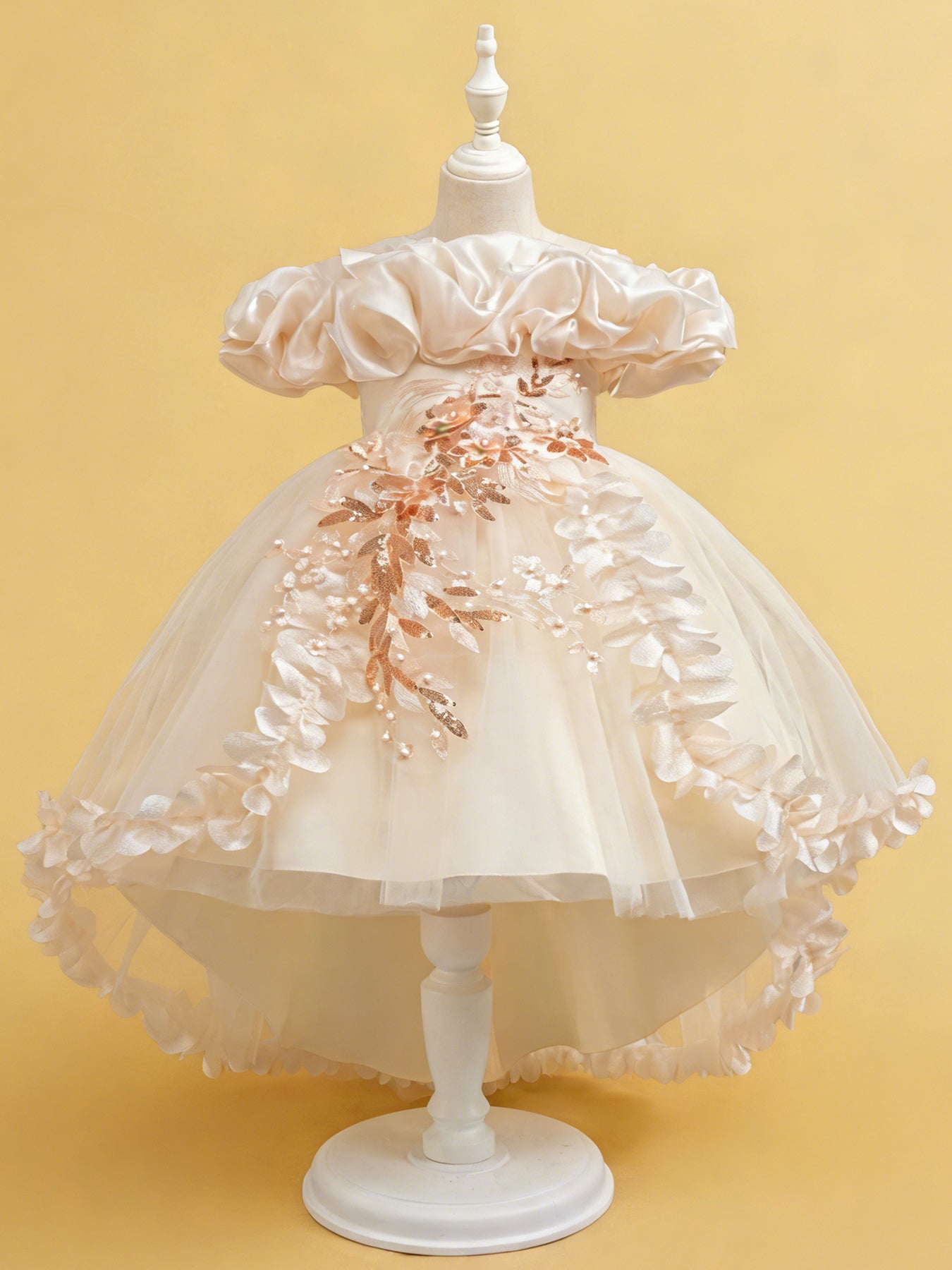 Zvzio Girls Cloud Collar Embroidered Train Princess Dress | Front Yoke Cloud Design 3D Floral Pearl Embroidery Wrap-Around Leaf Lace Long Train Flower Girl Dress - Ages 4-9, Multiple Colors