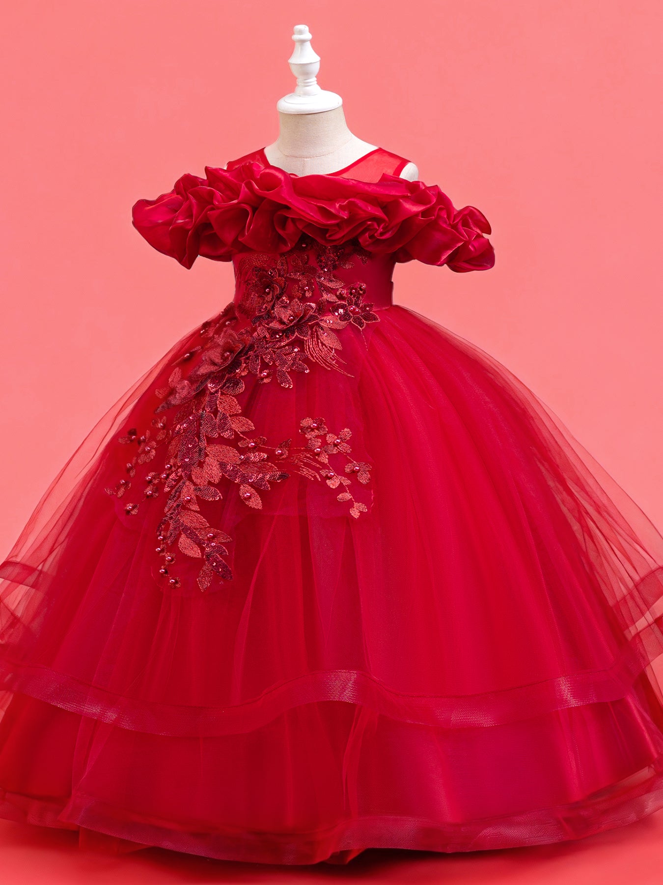 Zvzio Girls Cloud Shoulder Embroidered Long Princess Dress | Front Yoke Cloud Design Pearl Embroidery Panel Double-Layer Draping Tulle Flower Girl Dress Party Set - Ages 4-9, Multiple Colors