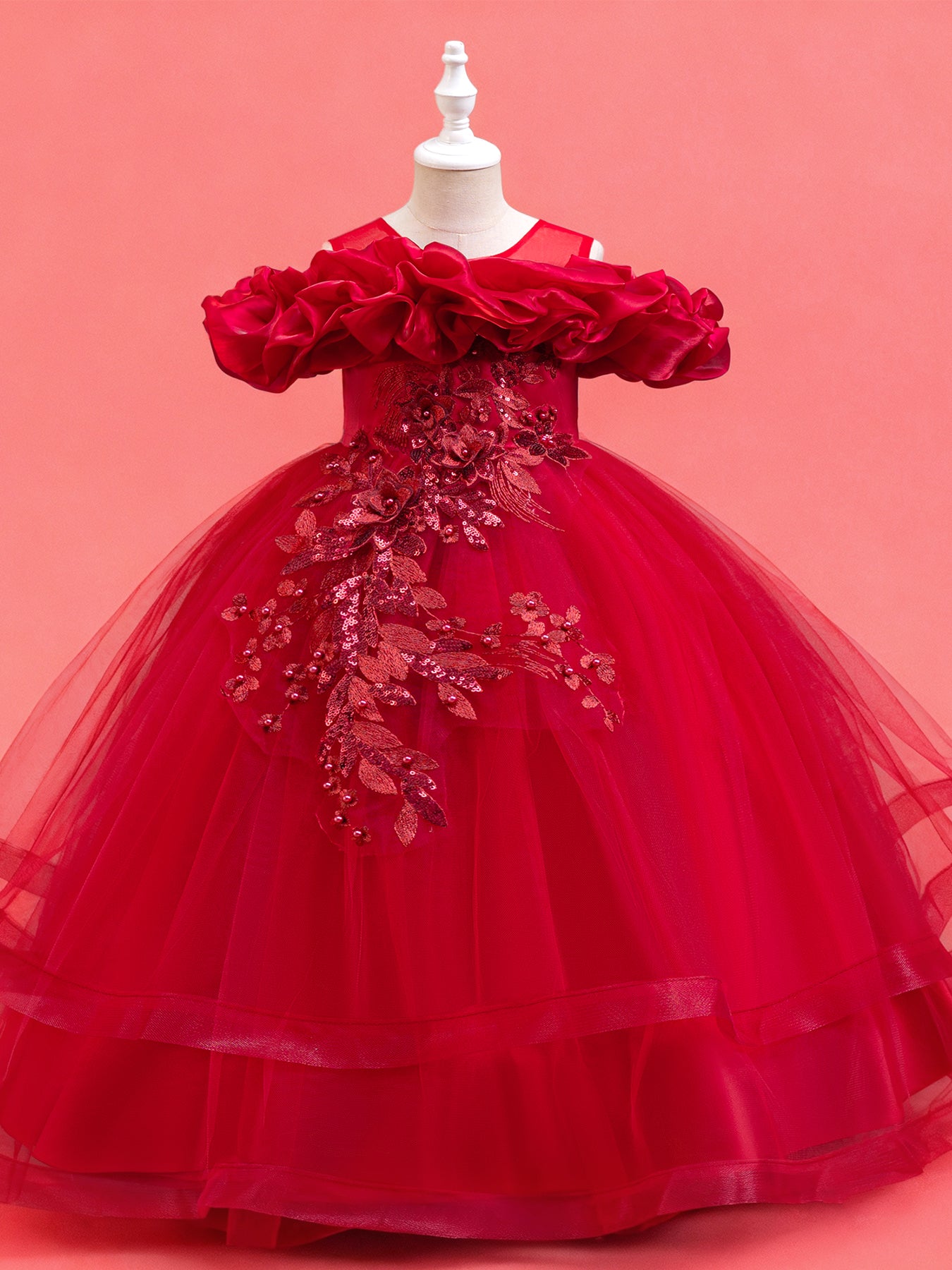 Zvzio Girls Cloud Shoulder Embroidered Long Princess Dress | Front Yoke Cloud Design Pearl Embroidery Panel Double-Layer Draping Tulle Flower Girl Dress Party Set - Ages 4-9, Multiple Colors