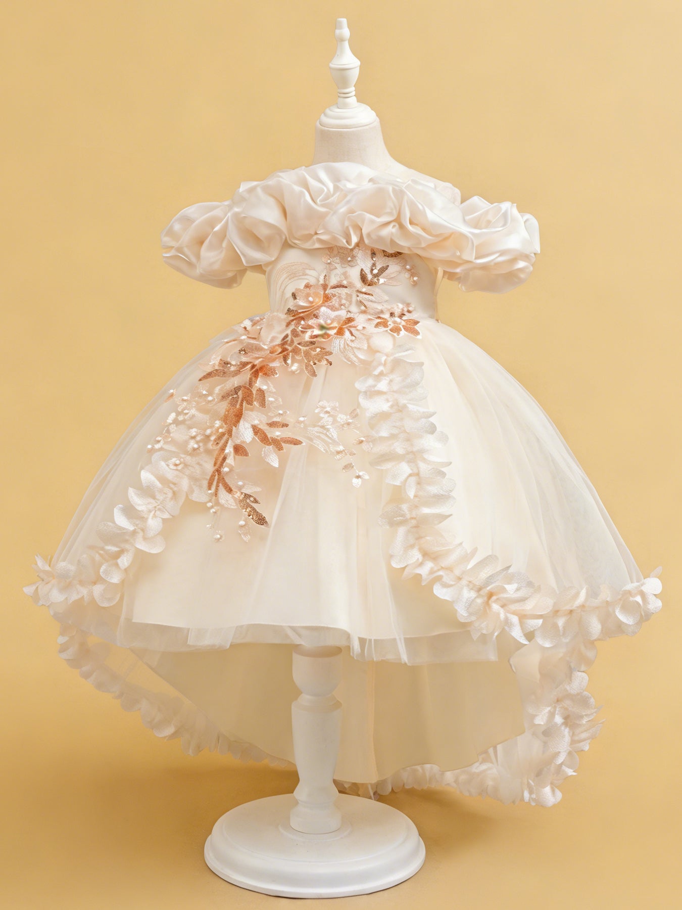 Zvzio Girls Cloud Collar Embroidered Train Princess Dress | Front Yoke Cloud Design 3D Floral Pearl Embroidery Wrap-Around Leaf Lace Long Train Flower Girl Dress - Ages 4-9, Multiple Colors