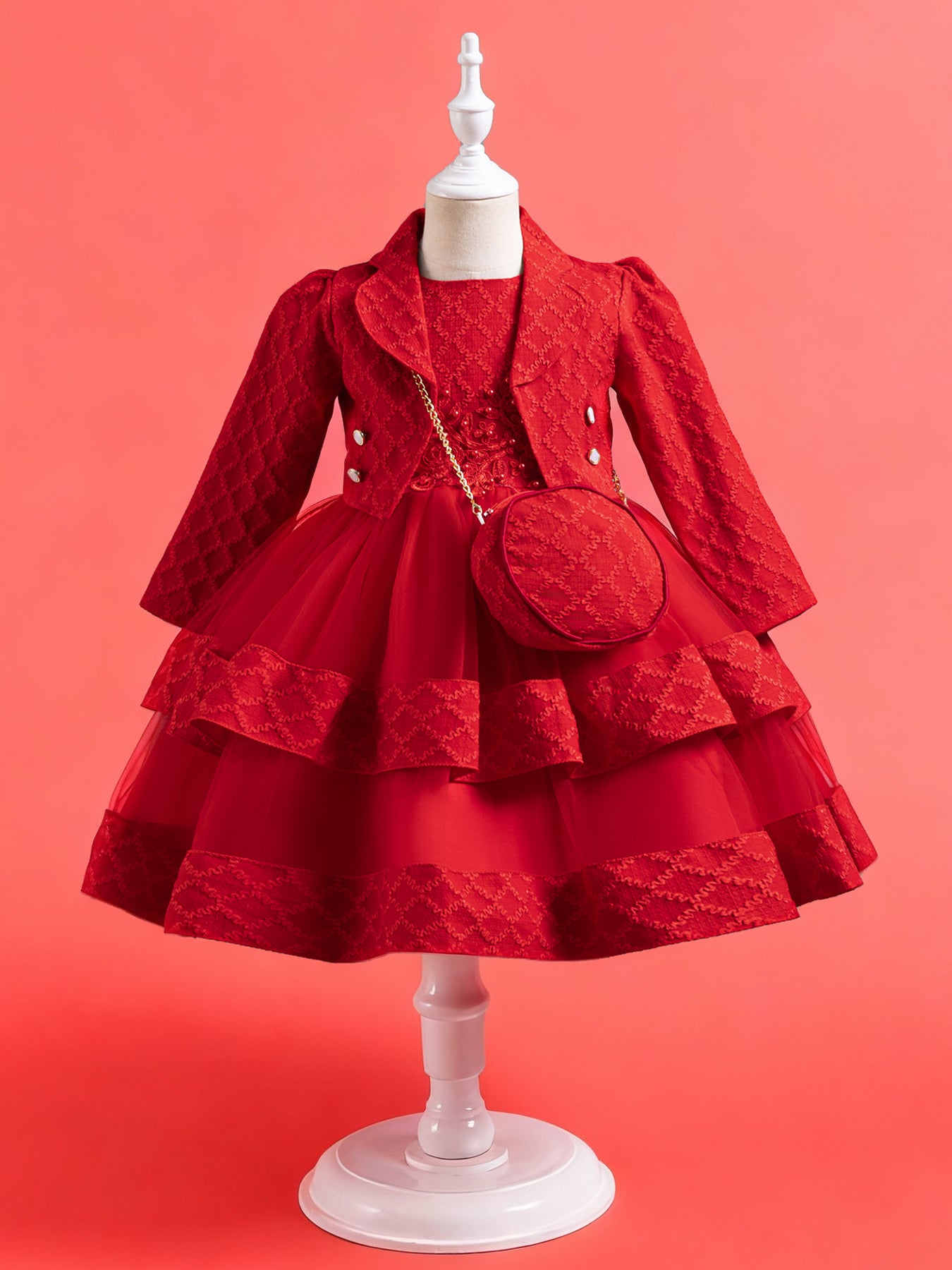 Zvzio Girls Embroidered Pearl Vest Dress Set | With Matching Handbag Double-Layer Skirt Textured Fabric Long Sleeve Coat Flower Girl Dress Party Set - Ages 4-9, Multiple Colors