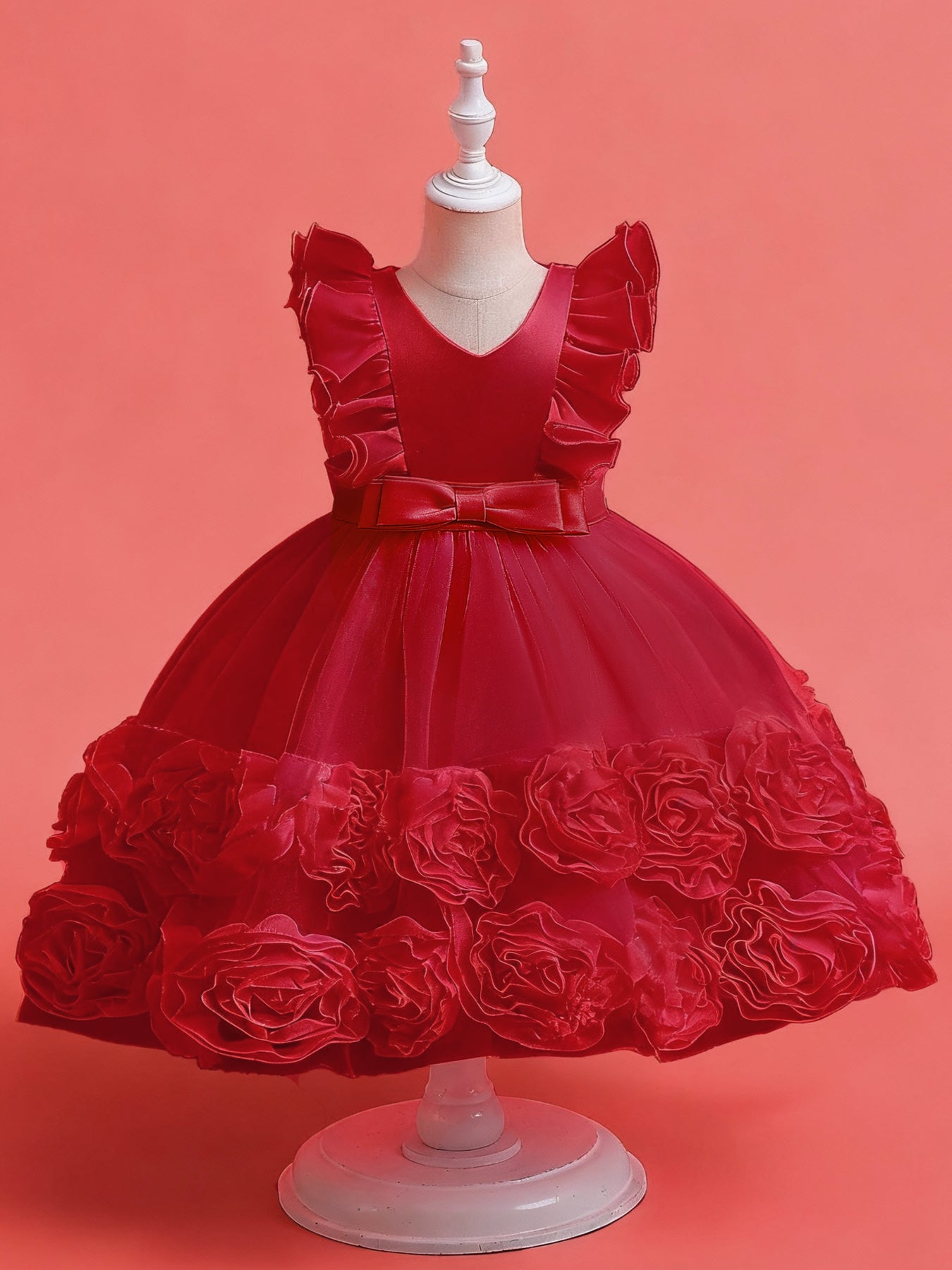 Zvzio Girls Floral Bud Embroidered Princess Dress | V-Shape Ruffle Sleeves Waist Bow Triple-Layer Tulle Flower Girl Party Dress - Ages 2-7, Multiple Colors