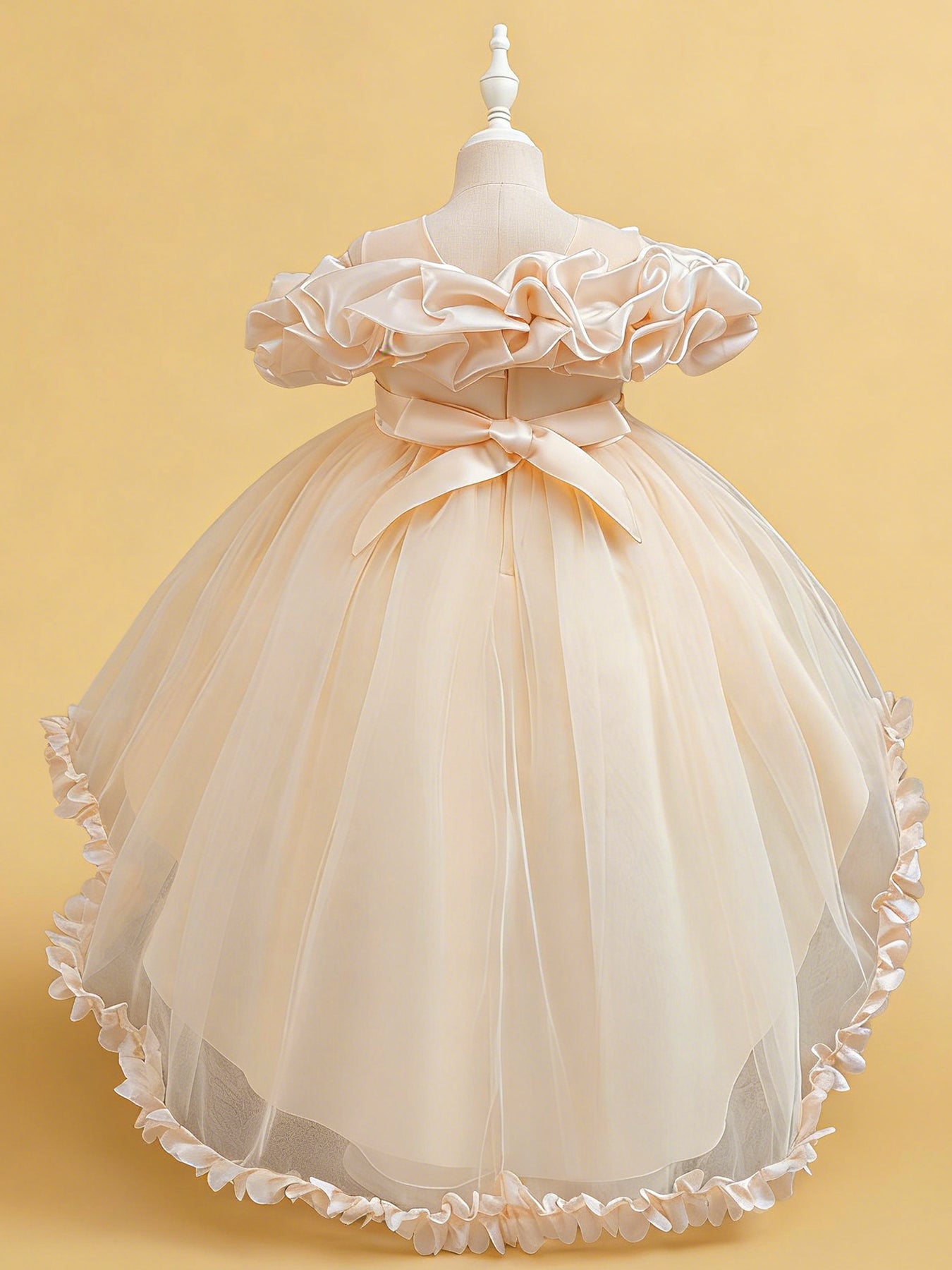 Zvzio Girls Cloud Collar Embroidered Train Princess Dress | Front Yoke Cloud Design 3D Floral Pearl Embroidery Wrap-Around Leaf Lace Long Train Flower Girl Dress - Ages 4-9, Multiple Colors