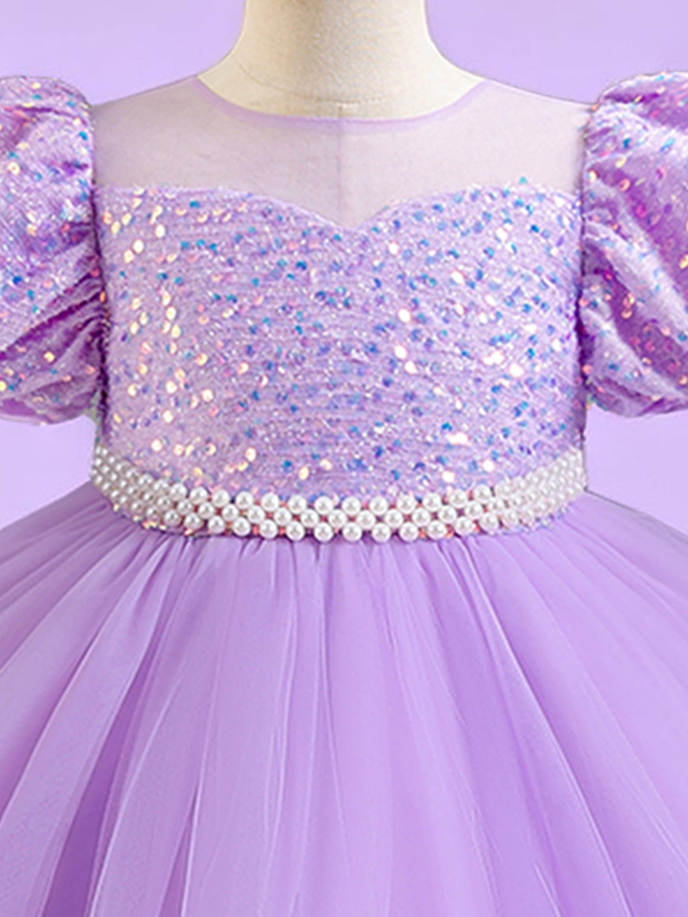 Zvzio Girls Sequin Puff Sleeve Princess Dress | Reflective Sequin Top Royal Puff Sleeves Pearl Waist Belt Ruffle Hem Knee-Length Flower Girl Dress - Ages 4-9, Multiple Colors
