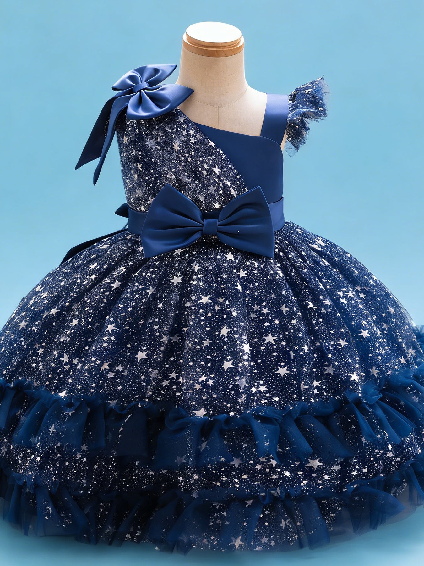 Zvzio Girls Asymmetric Cape & Flutter Sleeve Princess Dress | Left Shoulder Cape with Bow Right Flutter Sleeve Star Print Tulle Double-Layer Ruffle Hem Flower Girl Dress Party Gown - Ages 2-7, Multiple Colors