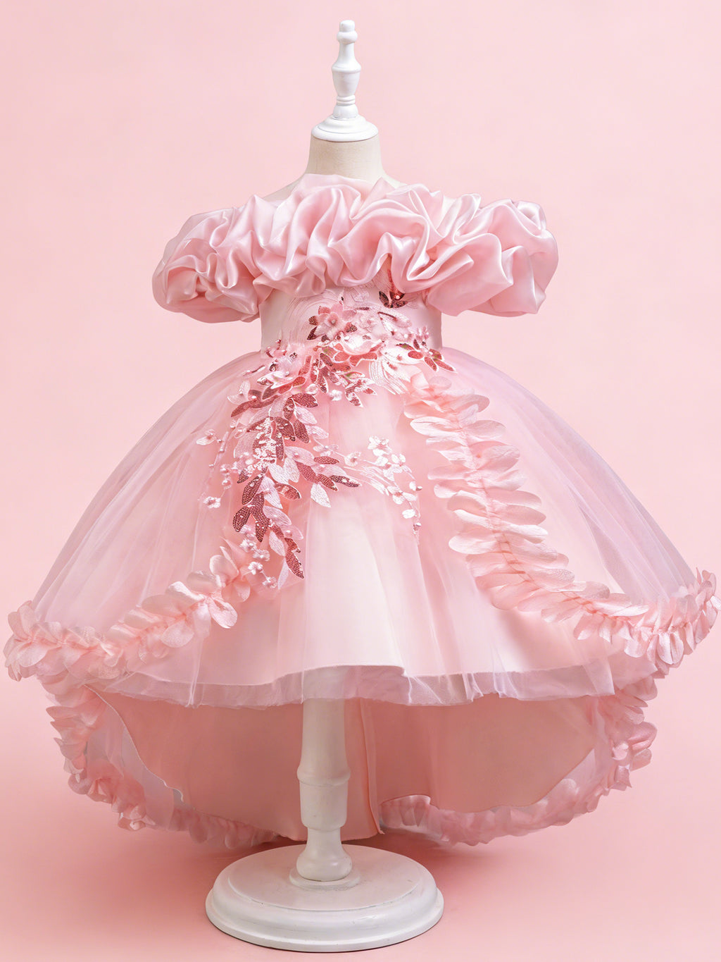 Zvzio Girls Cloud Collar Embroidered Train Princess Dress | Front Yoke Cloud Design 3D Floral Pearl Embroidery Wrap-Around Leaf Lace Long Train Flower Girl Dress - Ages 4-9, Multiple Colors