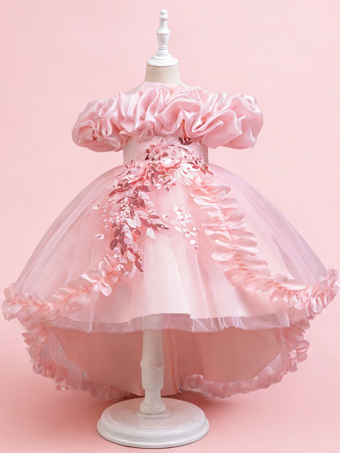 Zvzio Girls Cloud Collar Embroidered Train Princess Dress | Front Yoke Cloud Design 3D Floral Pearl Embroidery Wrap-Around Leaf Lace Long Train Flower Girl Dress - Ages 4-9, Multiple Colors