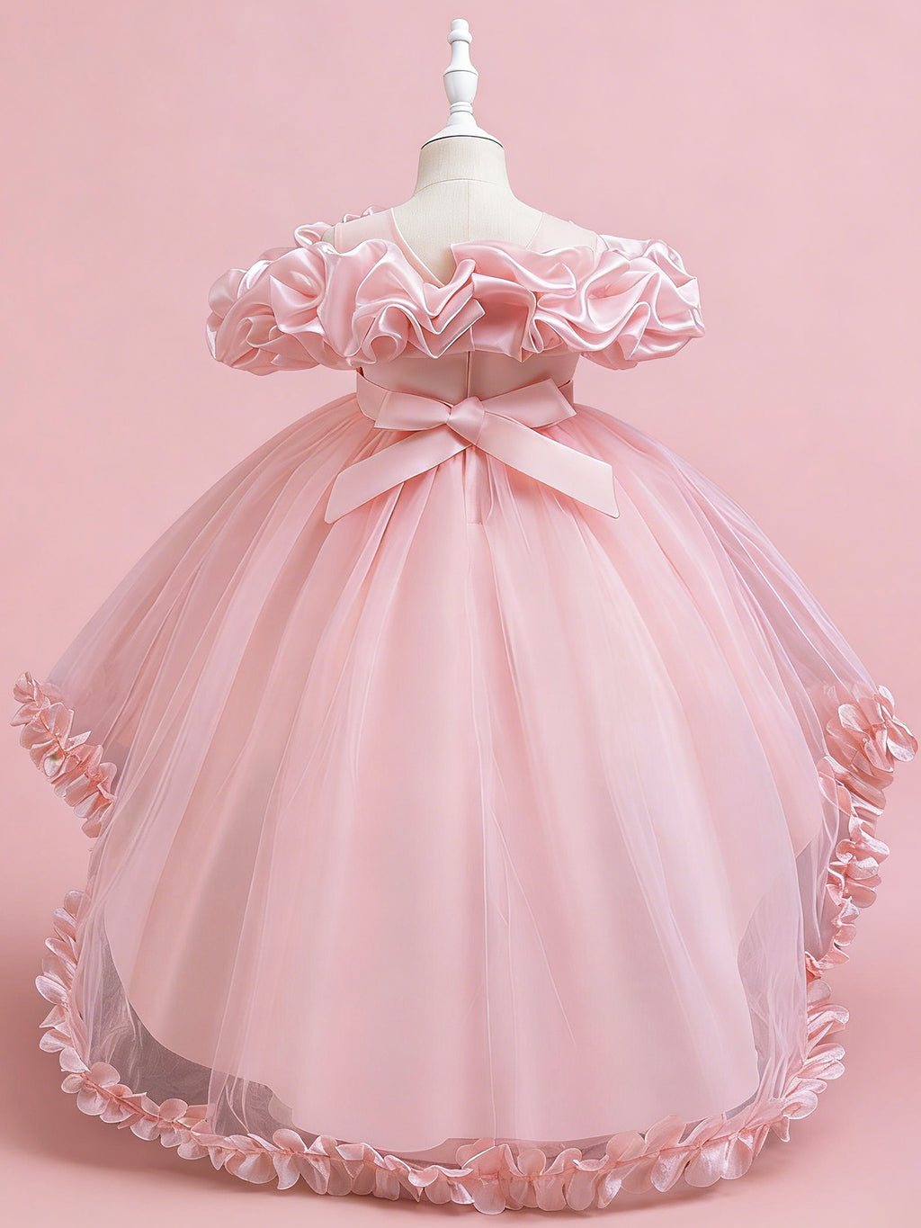 Zvzio Girls Cloud Collar Embroidered Train Princess Dress | Front Yoke Cloud Design 3D Floral Pearl Embroidery Wrap-Around Leaf Lace Long Train Flower Girl Dress - Ages 4-9, Multiple Colors
