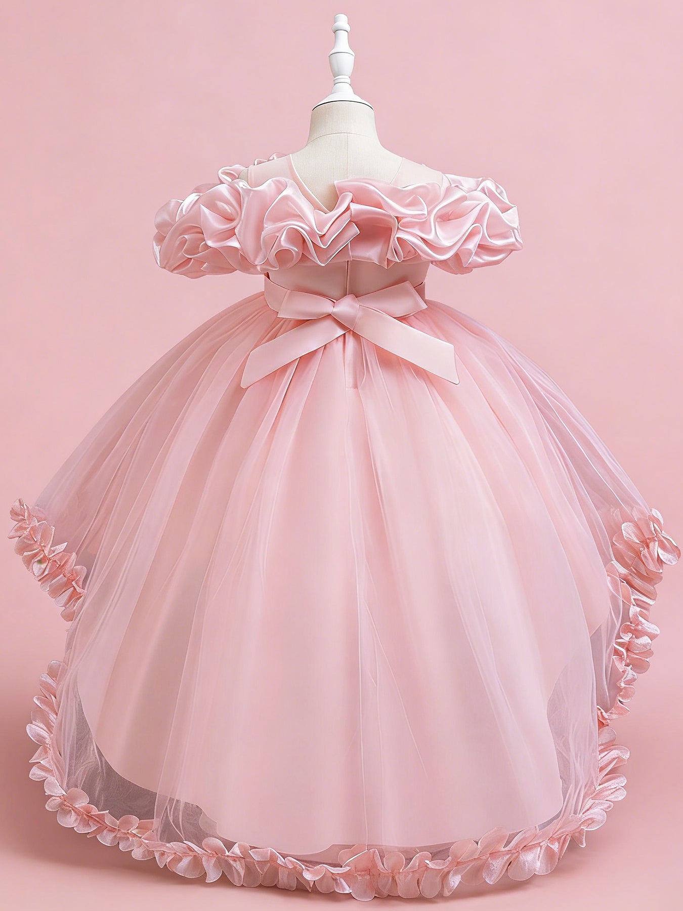 Zvzio Girls Cloud Collar Embroidered Train Princess Dress | Front Yoke Cloud Design 3D Floral Pearl Embroidery Wrap-Around Leaf Lace Long Train Flower Girl Dress - Ages 4-9, Multiple Colors
