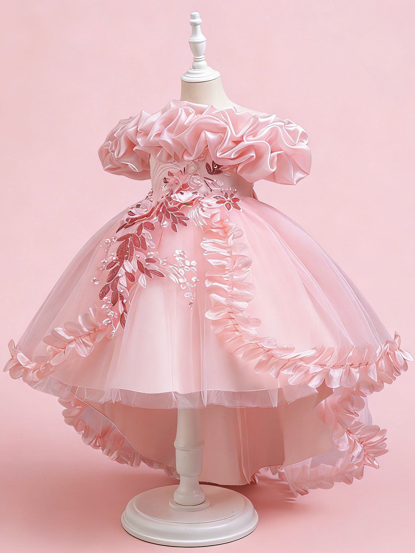 Zvzio Girls Cloud Collar Embroidered Train Princess Dress | Front Yoke Cloud Design 3D Floral Pearl Embroidery Wrap-Around Leaf Lace Long Train Flower Girl Dress - Ages 4-9, Multiple Colors