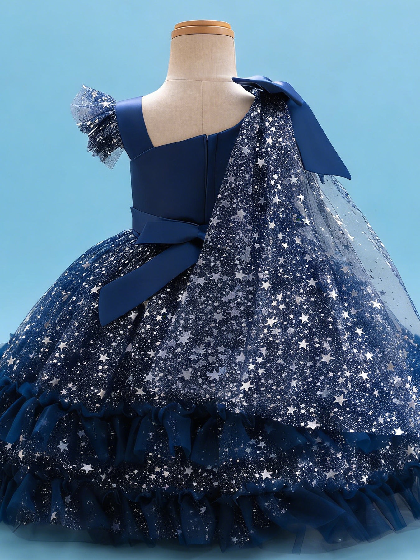 Zvzio Girls Asymmetric Cape & Flutter Sleeve Princess Dress | Left Shoulder Cape with Bow Right Flutter Sleeve Star Print Tulle Double-Layer Ruffle Hem Flower Girl Dress Party Gown - Ages 2-7, Multiple Colors