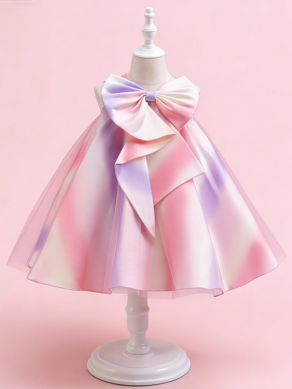 Zvzio Girls Rainbow Gradient Bow Princess Dress | Oversized Asymmetric Bow Collar Wide A-Line Skirt Knee-Length Flower Girl Dress Party Gown - Ages 4-7