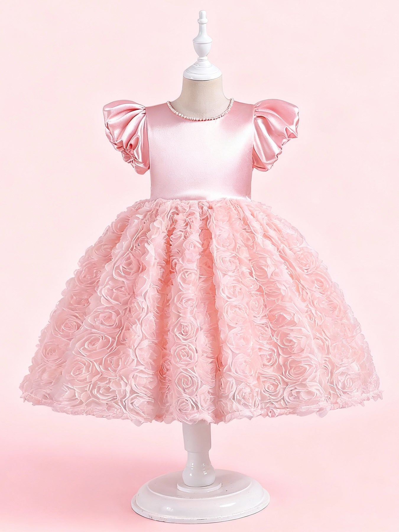 Zvzio Girls Princess Dress with 3D Floral Skirt & Pearl Neckline - Satin Puff Sleeve Flower Girl Party Dress