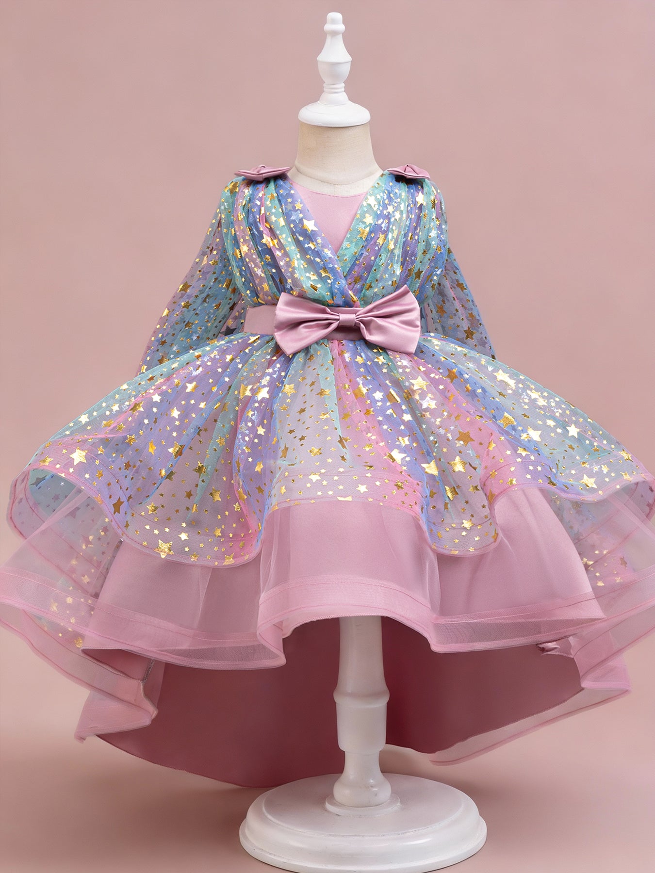 Zvzio Girls Star Gilded Cape Bow Princess Dress | Gold Star Pattern Triple Bow Decoration Draping Capelet Asymmetric Train Skirt Flower Girl Dress - Ages 4-9