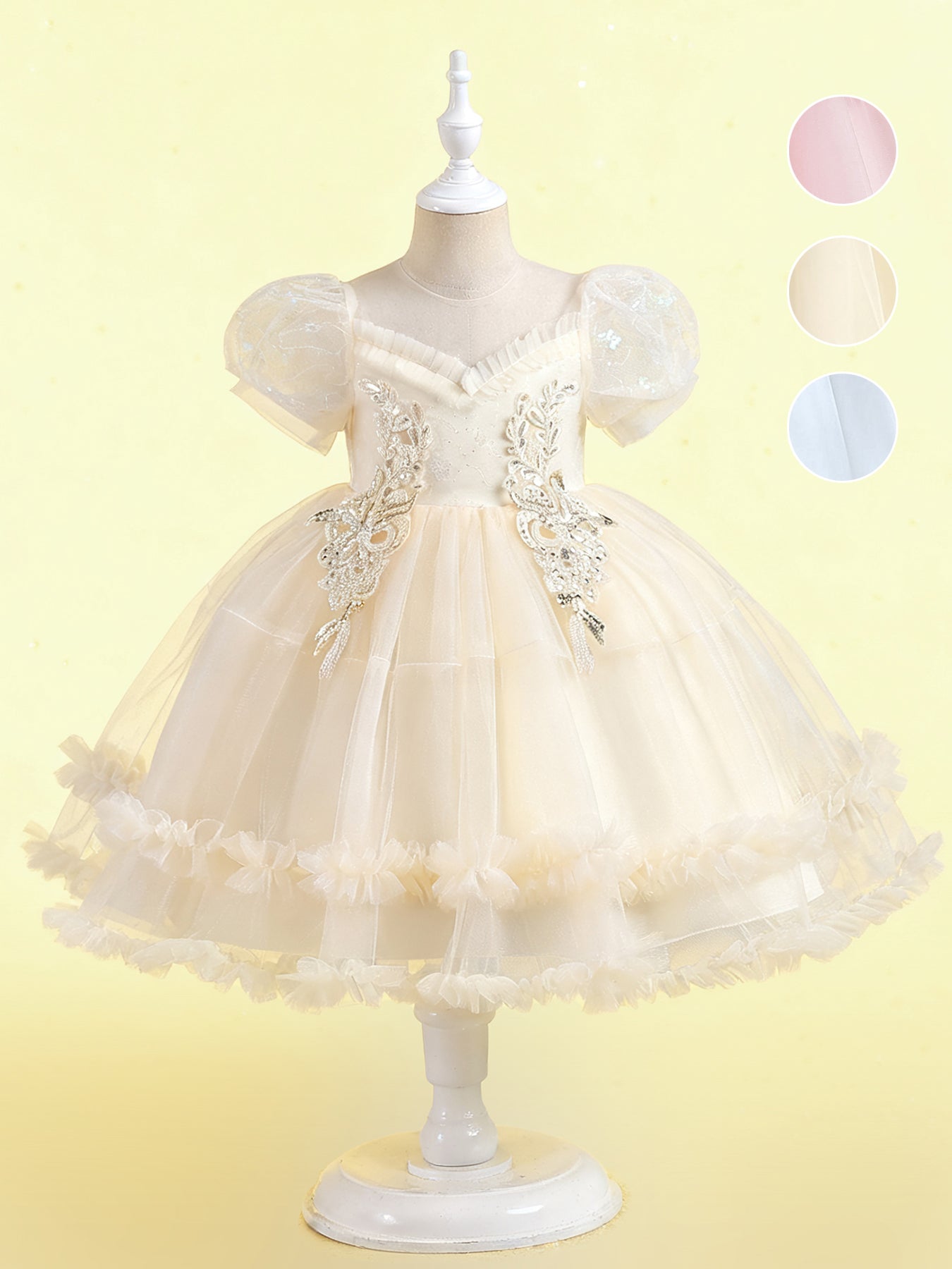 Zvzio Girls Princess Party Dress & Flower Girl Dress - Floral Embroidery Chest, Sparkle Tulle Skirt, Bubble Sleeves, Double Ruffle Hem, Champagne Pink White, Short Sleeve A-Line for Age 4-9