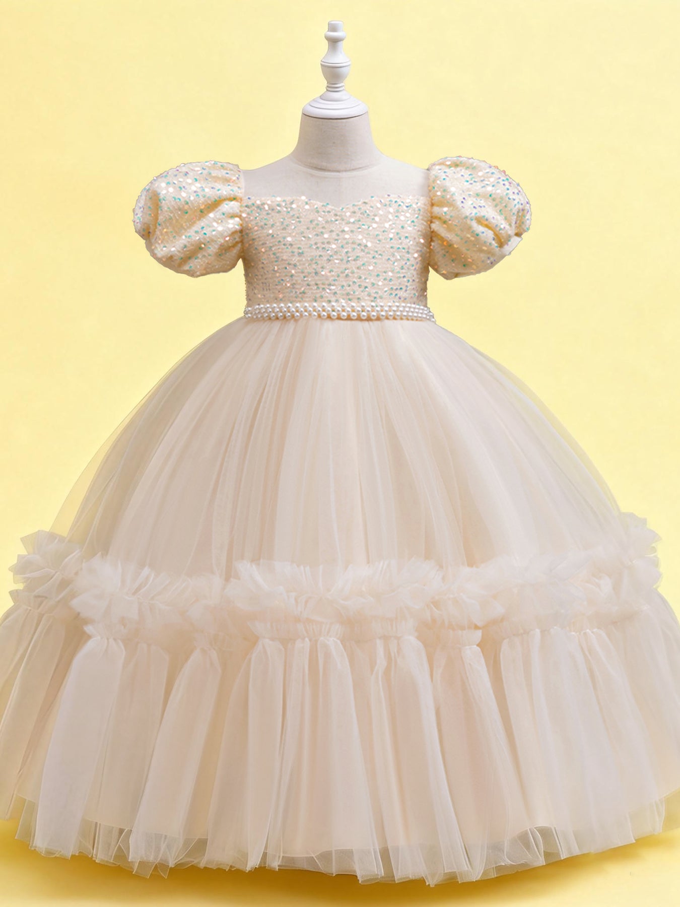 Zvzio Girls Sequin Puff Sleeve Princess Dress | Reflective Sequin Top Royal Puff Sleeves Pearl Waist Belt Ruffle Hem Knee-Length Flower Girl Dress - Ages 4-9, Multiple Colors