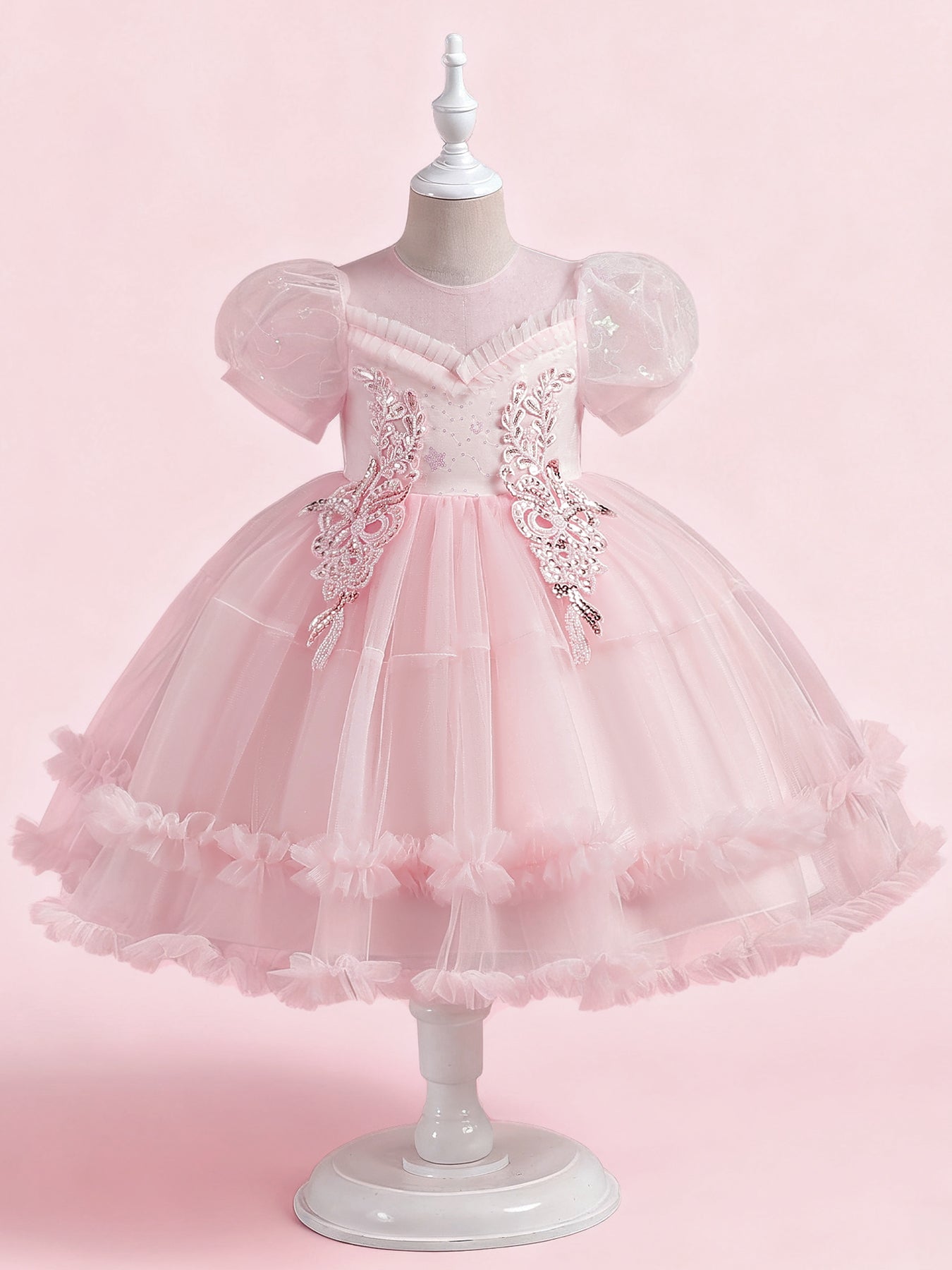 Zvzio Girls Princess Party Dress & Flower Girl Dress - Floral Embroidery Chest, Sparkle Tulle Skirt, Bubble Sleeves, Double Ruffle Hem, Champagne Pink White, Short Sleeve A-Line for Age 4-9