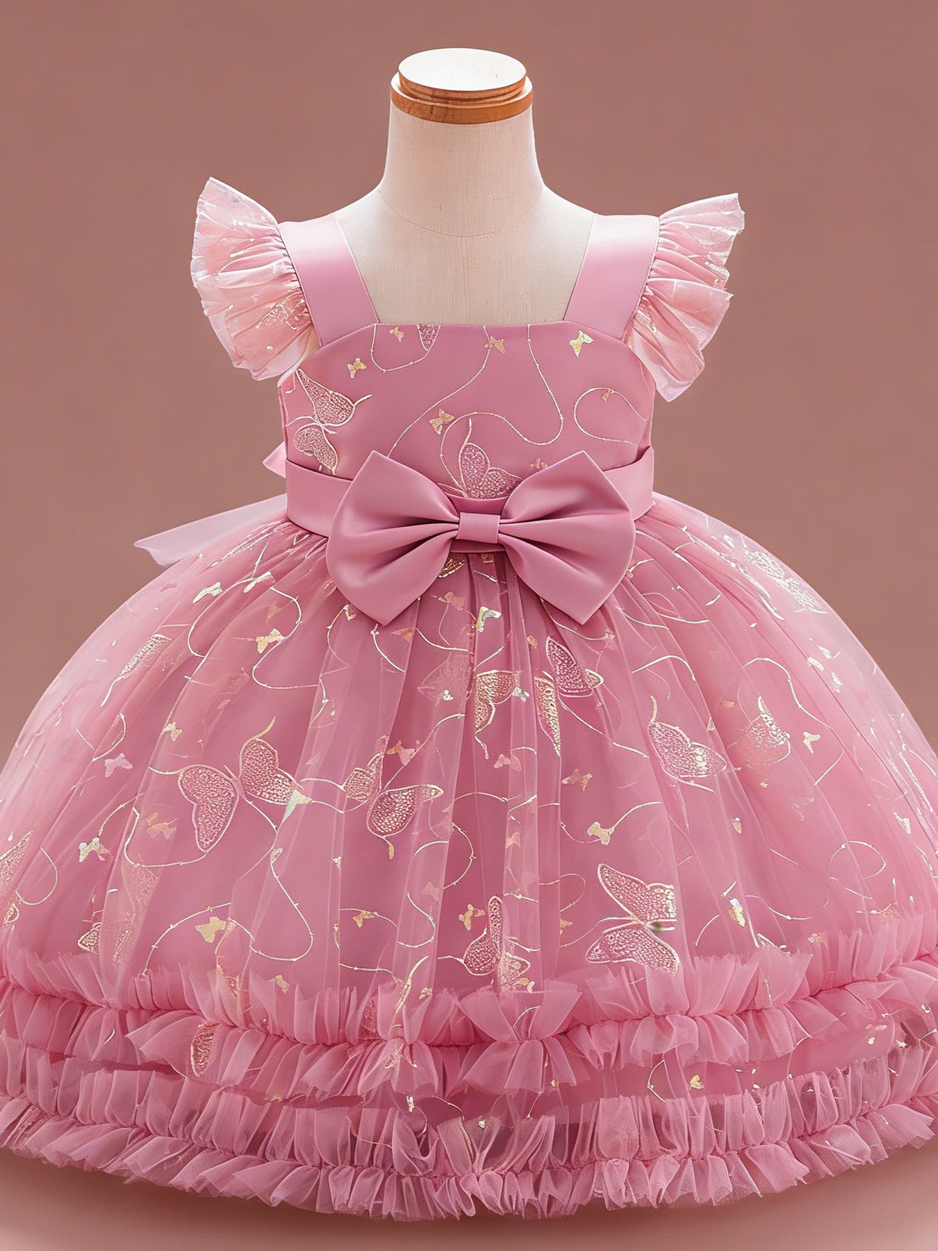 Zvzio Girls Gilded Butterfly Flutter Sleeve Princess Dress | Reflective Butterfly Tulle Midsection Large Bow Double-Layer Ruffle Hem Knee-Length A-Line Flower Girl Dress - Ages 2-7, Multiple Colors