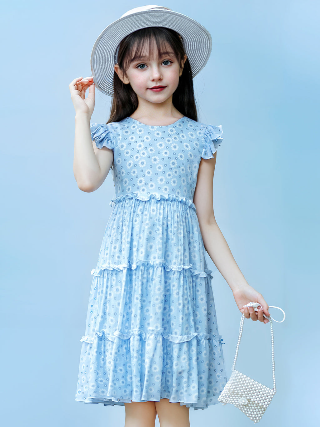 Zvzio Girls Floral Print Ruffle Trim Casual Dress | Flutter Sleeves Three-Tier Hem Lightweight Breathable A-Line Dress - Ages 2-7, Light Blue / Pink