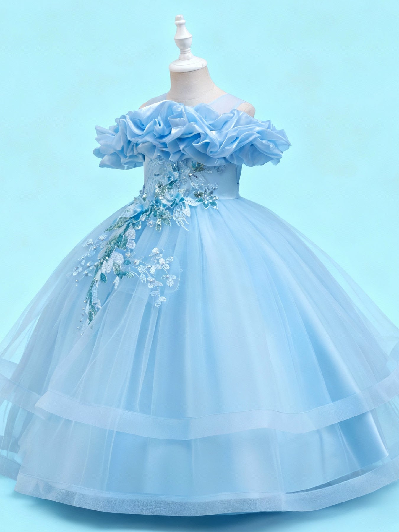 Zvzio Girls Cloud Shoulder Embroidered Long Princess Dress | Front Yoke Cloud Design Pearl Embroidery Panel Double-Layer Draping Tulle Flower Girl Dress Party Set - Ages 4-9, Multiple Colors